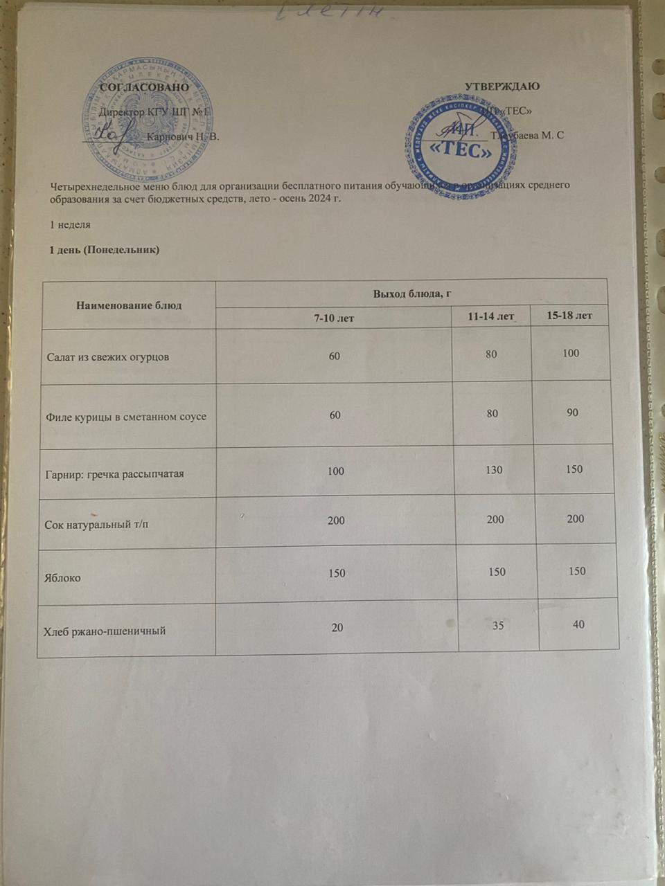 АС МӘЗІРІ 1 АПТА 1 КҮН/ МЕНЮ 1 НЕДЕЛЯ 1 ДЕНЬ