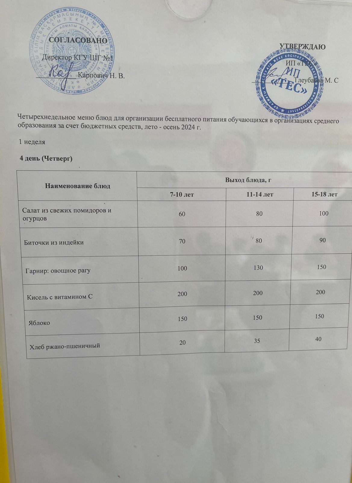 АС МӘЗІРІ 1 АПТА 4 КҮН/ МЕНЮ 1 НЕДЕЛЯ 4 ДЕНЬ