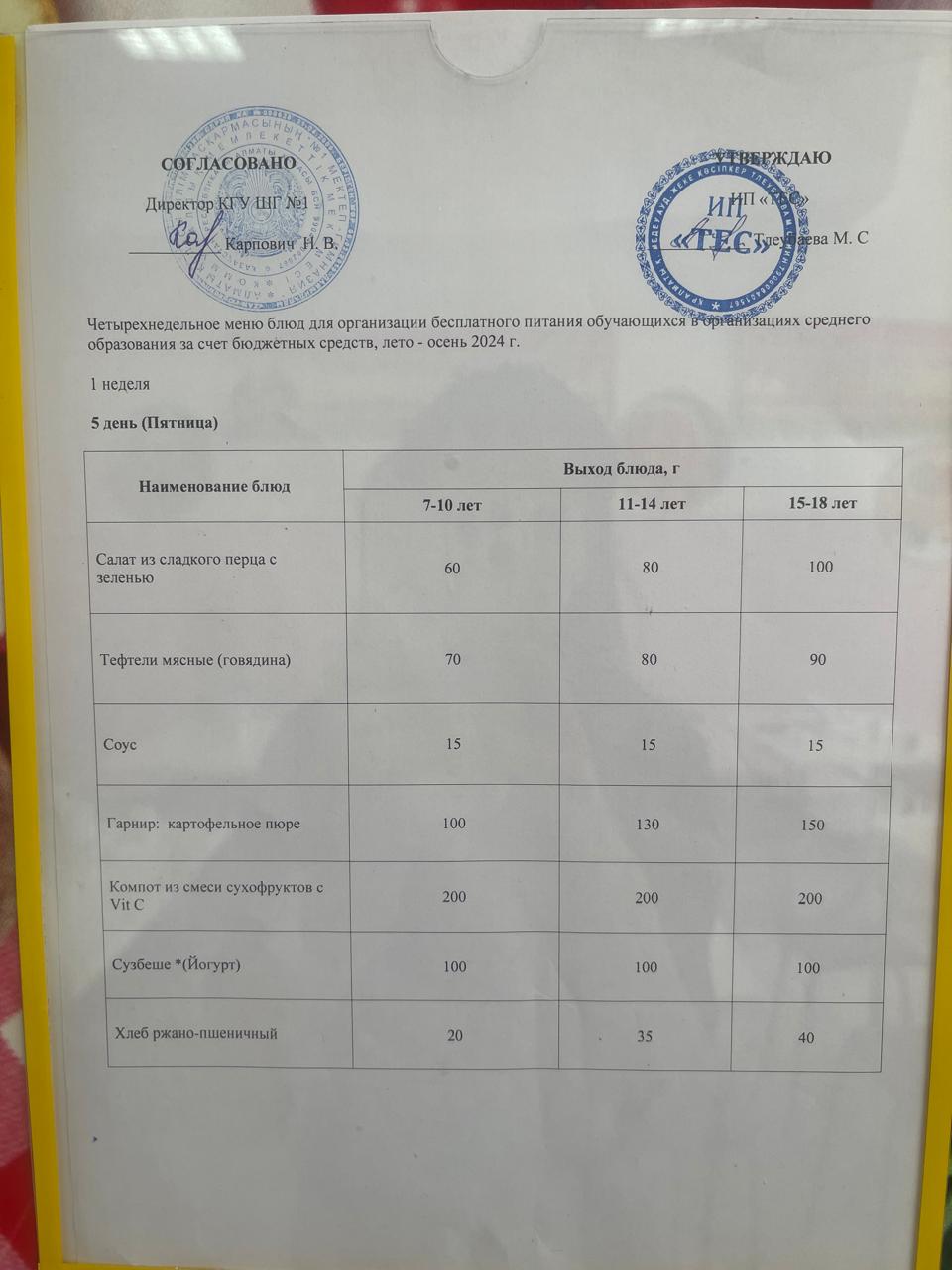 АС МӘЗІРІ 1 АПТА 5 КҮН/ МЕНЮ 1 НЕДЕЛЯ 5 ДЕНЬ