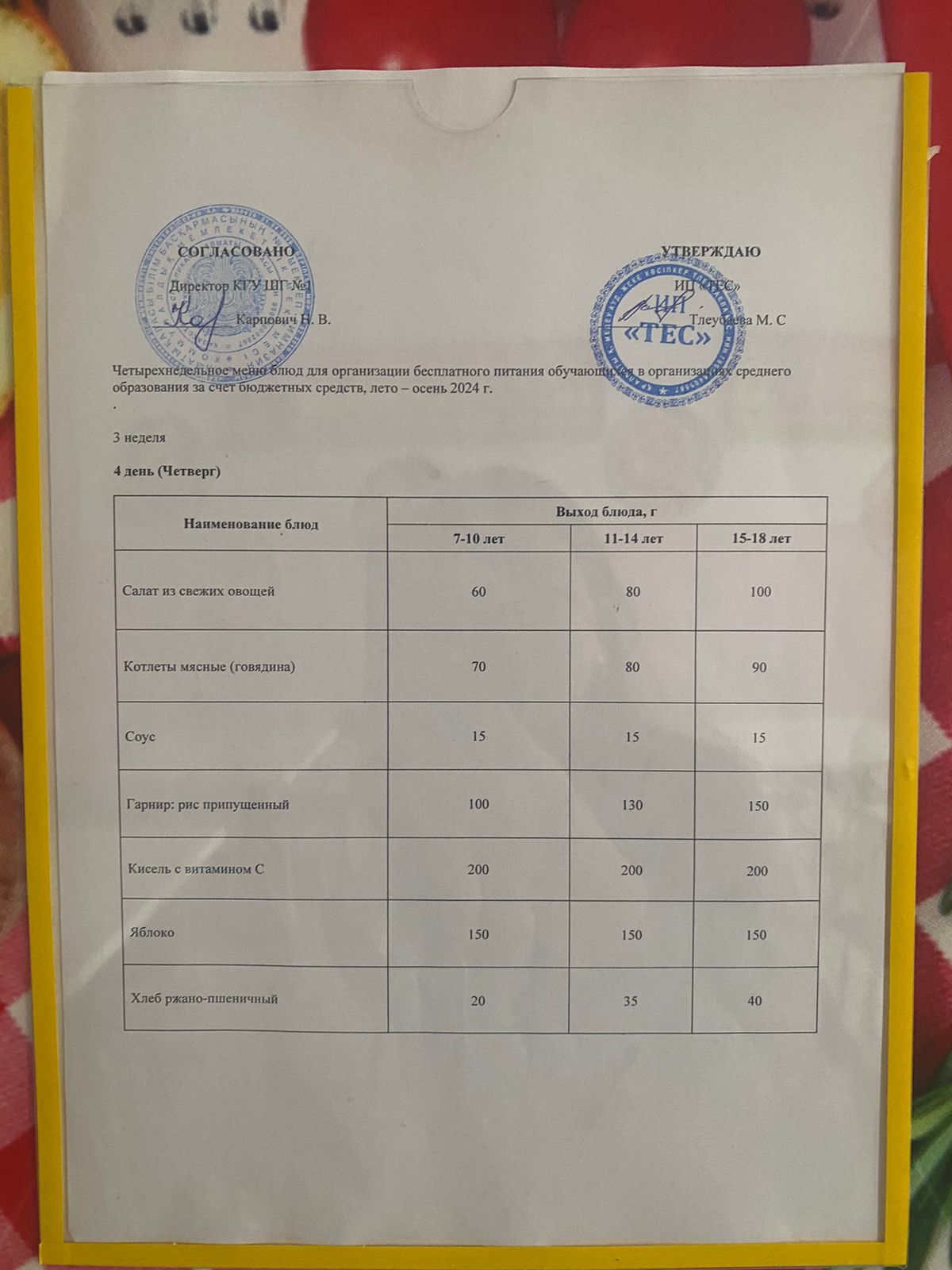 АС МӘЗІРІ 3 АПТА 4 ДЕНЬ/  МЕНЮ 3 НЕДЕЛЯ 4ДЕНЬ