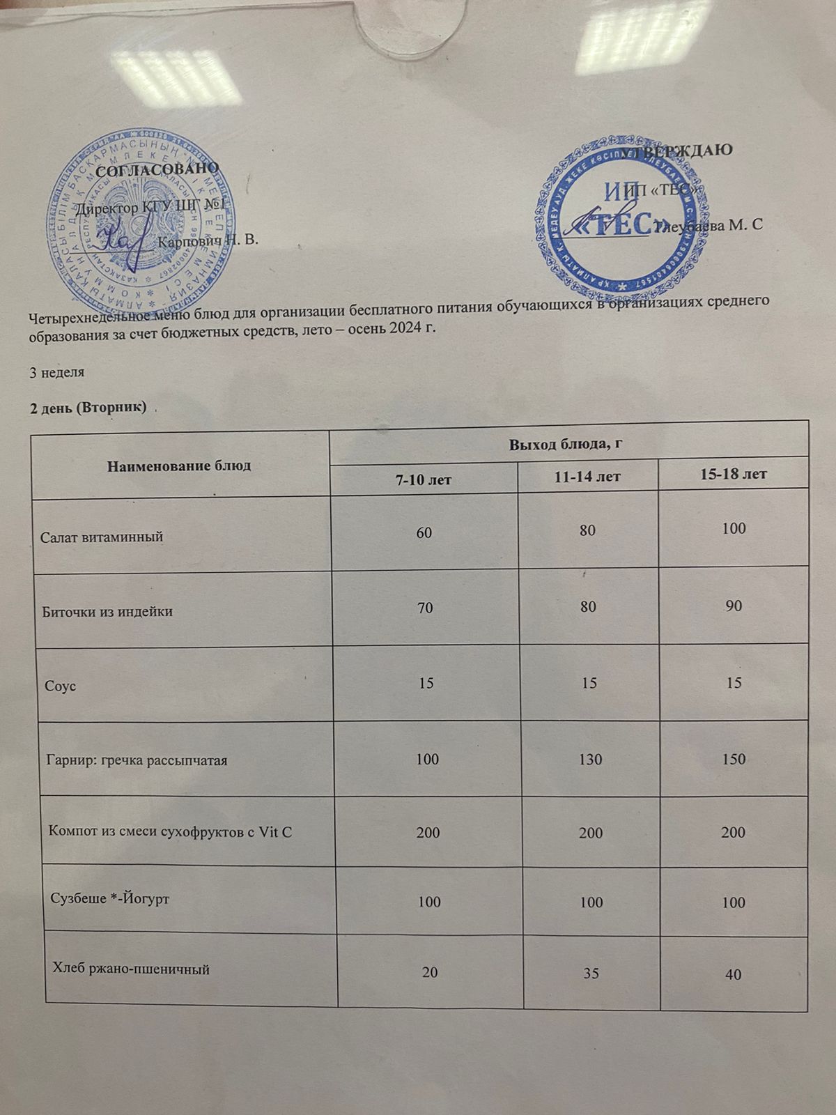 АС МӘЗІРІ  7 АПТА 2 КҮН/ МЕНЮ 7 НЕДЕЛЯ 2 ДЕНЬ