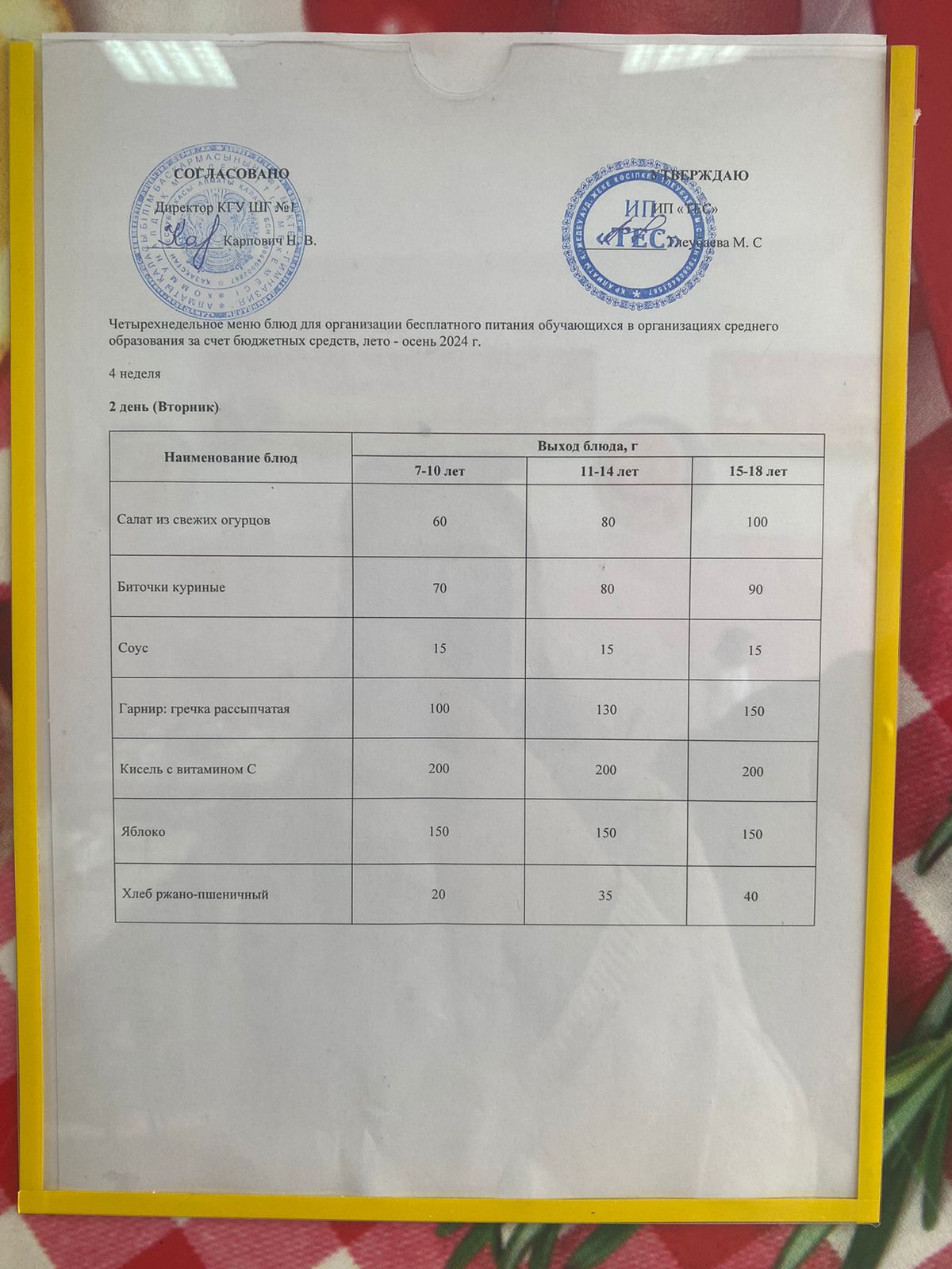 АС МӘЗІРІ 4 АПТА 2 КҮН/ МЕНЮ 4 НЕДЕЛЯ 2 ДЕНЬ