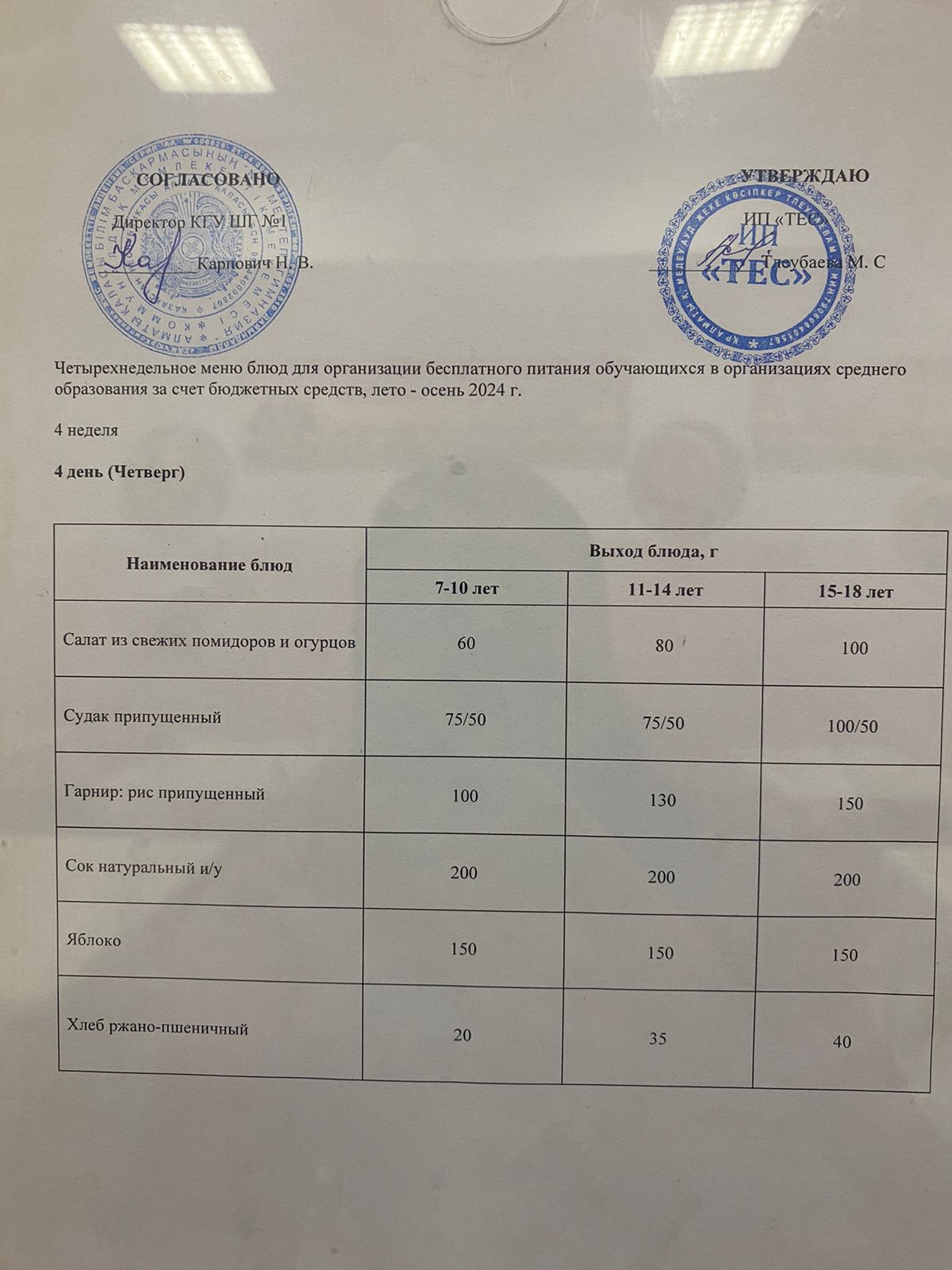 АС МӘЗІРІ 4 АПТА 4 КҮН/ МЕНЮ 4 НЕДЕЛЯ 4 ДЕНЬ