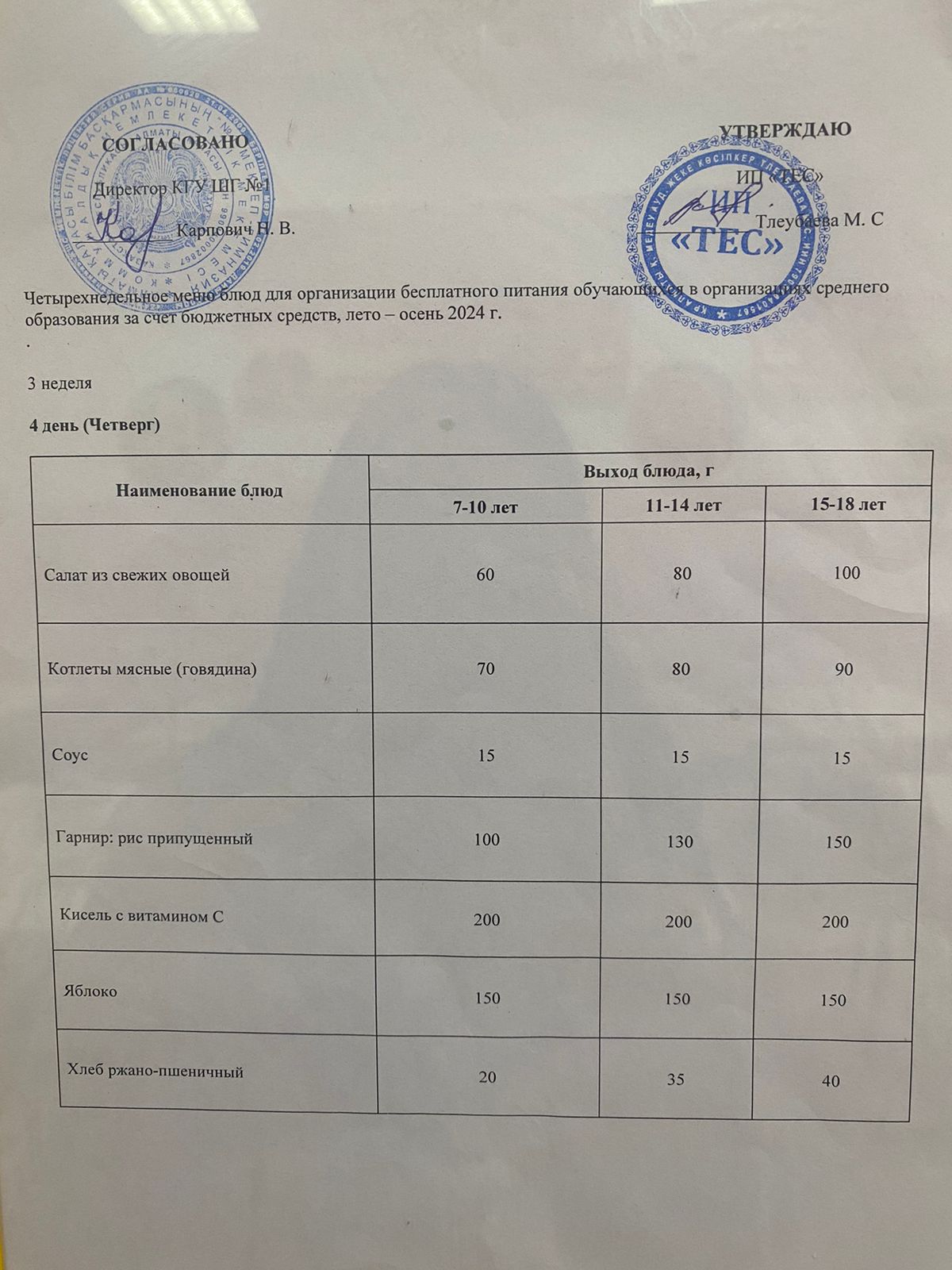 АС МӘЗІРІ  3 АПТА 4 КҮН/МЕНЮ 3 НЕДЕЛЯ 4 ДЕНЬ