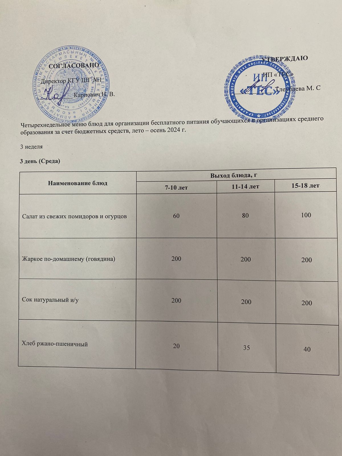 АС МӘЗІРІ 3 АПТА 3 КҮН/ МЕНЮ 3 НЕДЕЛЯ 3 ДЕНЬ