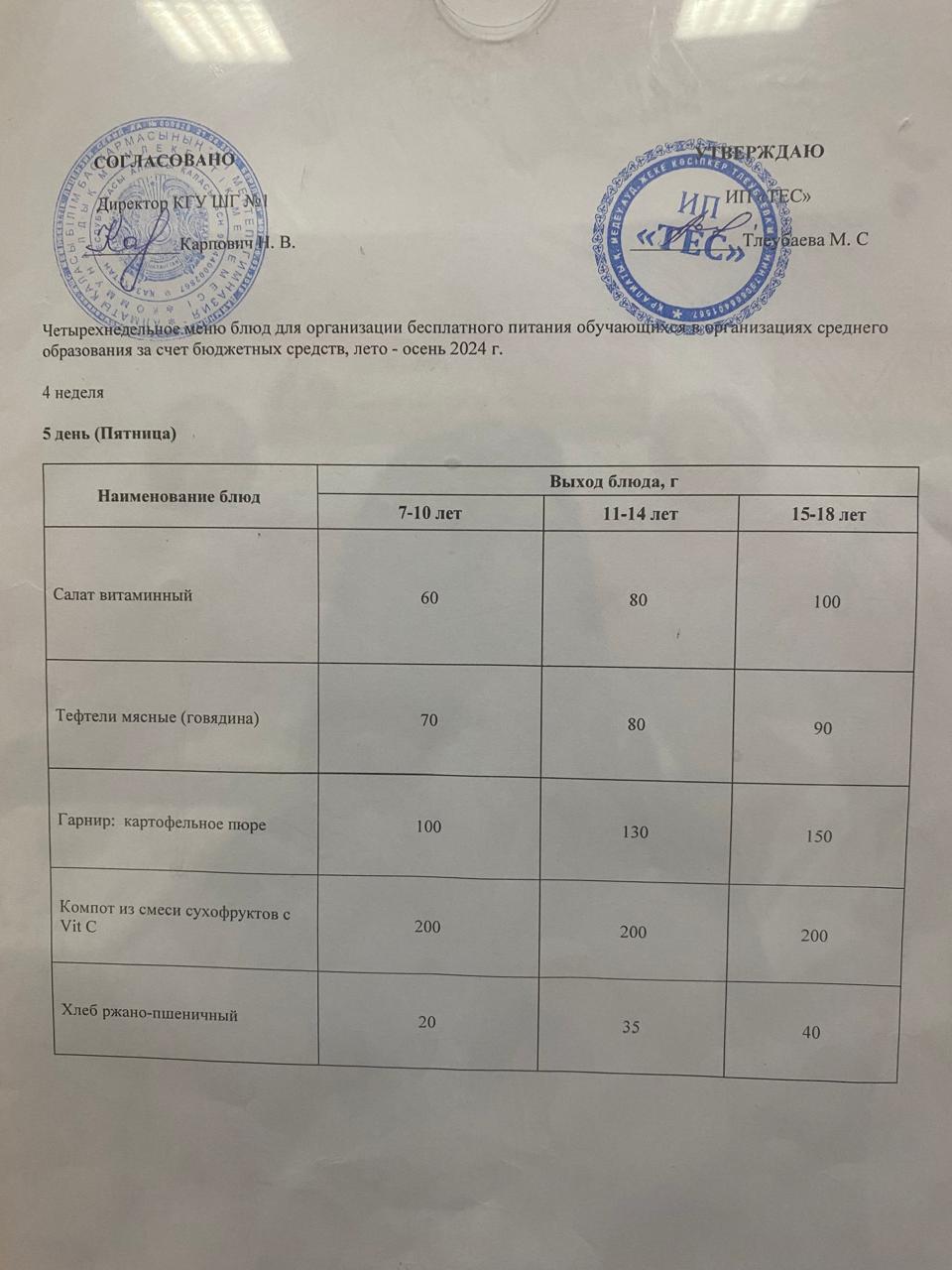 АС МӘЗІРІ 4 АПТА 5 КҮН/ МЕНЮ 4 НЕДЕЛЯ 5 ДЕНЬ