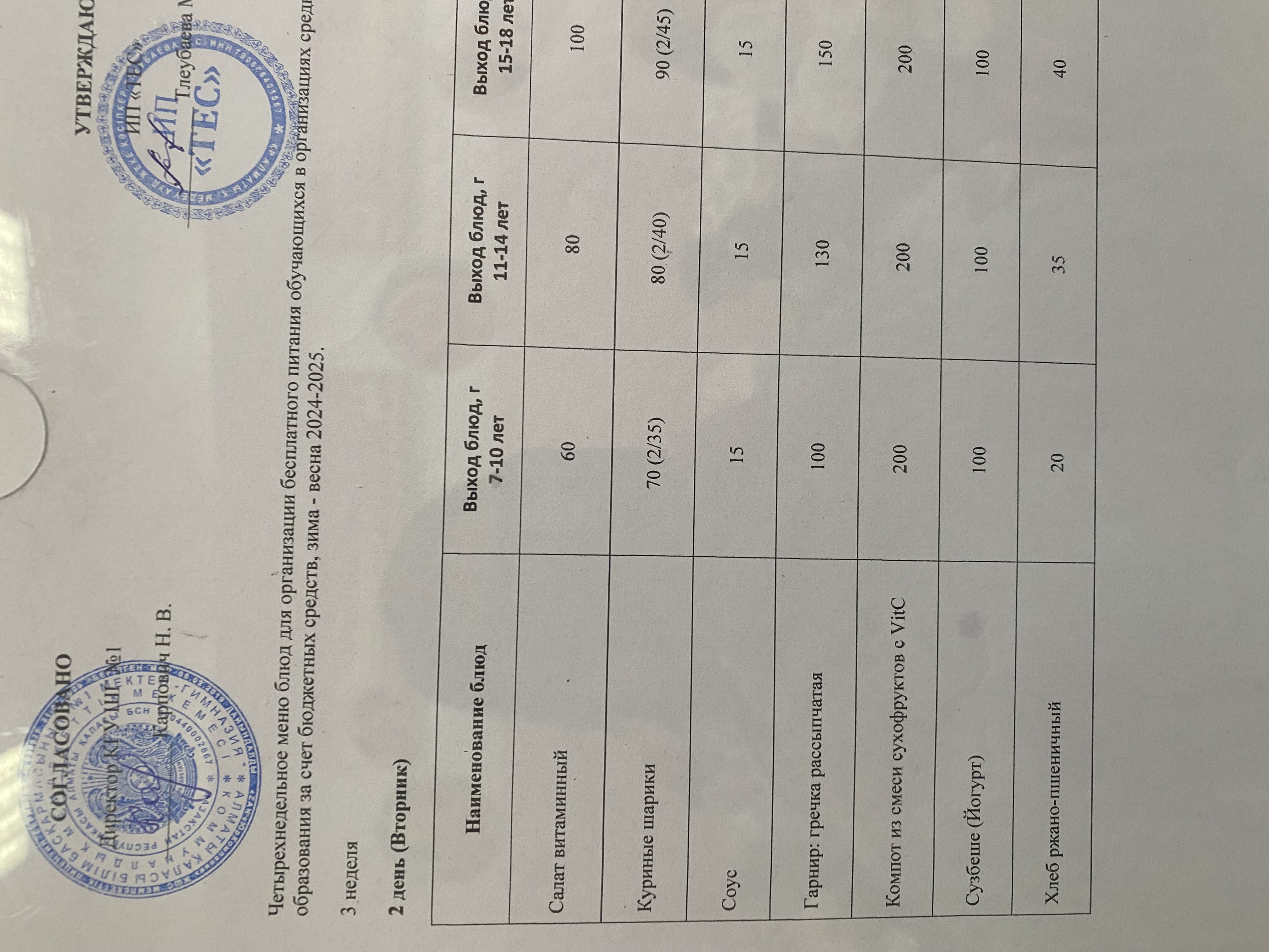 АС МӘЗІРІ 3 АПТА 2 КҮН/ МЕНЮ 3 НЕДЕЛЯ 2 ДЕНЬ