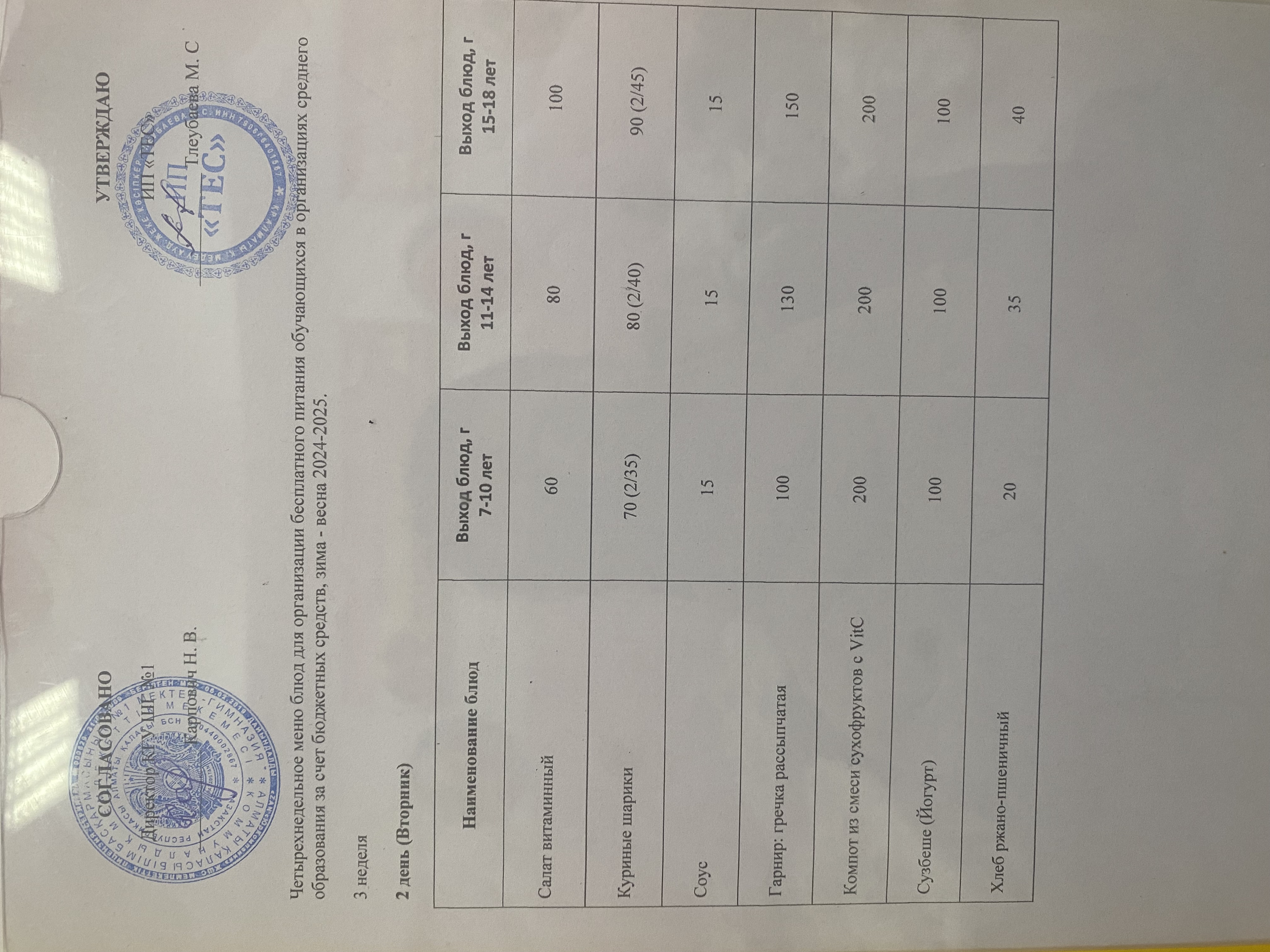 АС МӘЗІРІ 3 АПТА 2 КҮН / МЕНЮ 3 НЕДЕЛЯ 2 ДЕНЬ