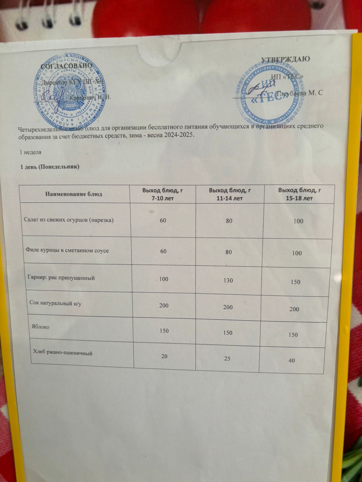 АС МӘЗІРІ 1 АПТА 1 КҮН / МЕНЮ 1 НЕДЕЛЯ 1 ДЕНЬ