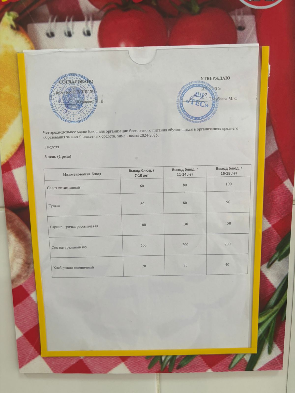 Ас мәзірi 1 апта 3 күн. Меню 1 неделя 3 день