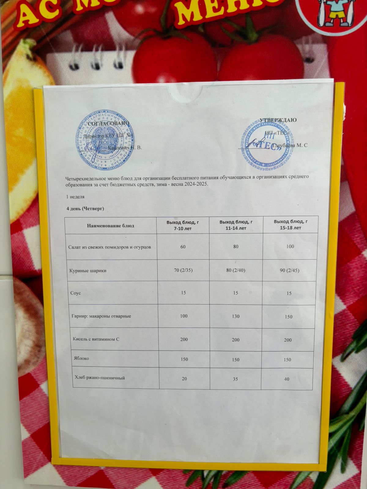 АС МӘЗІРІ 1 АПТА 4 КҮН/МЕНЮ 1 НЕДЕЛЯ 4 ДЕНЬ