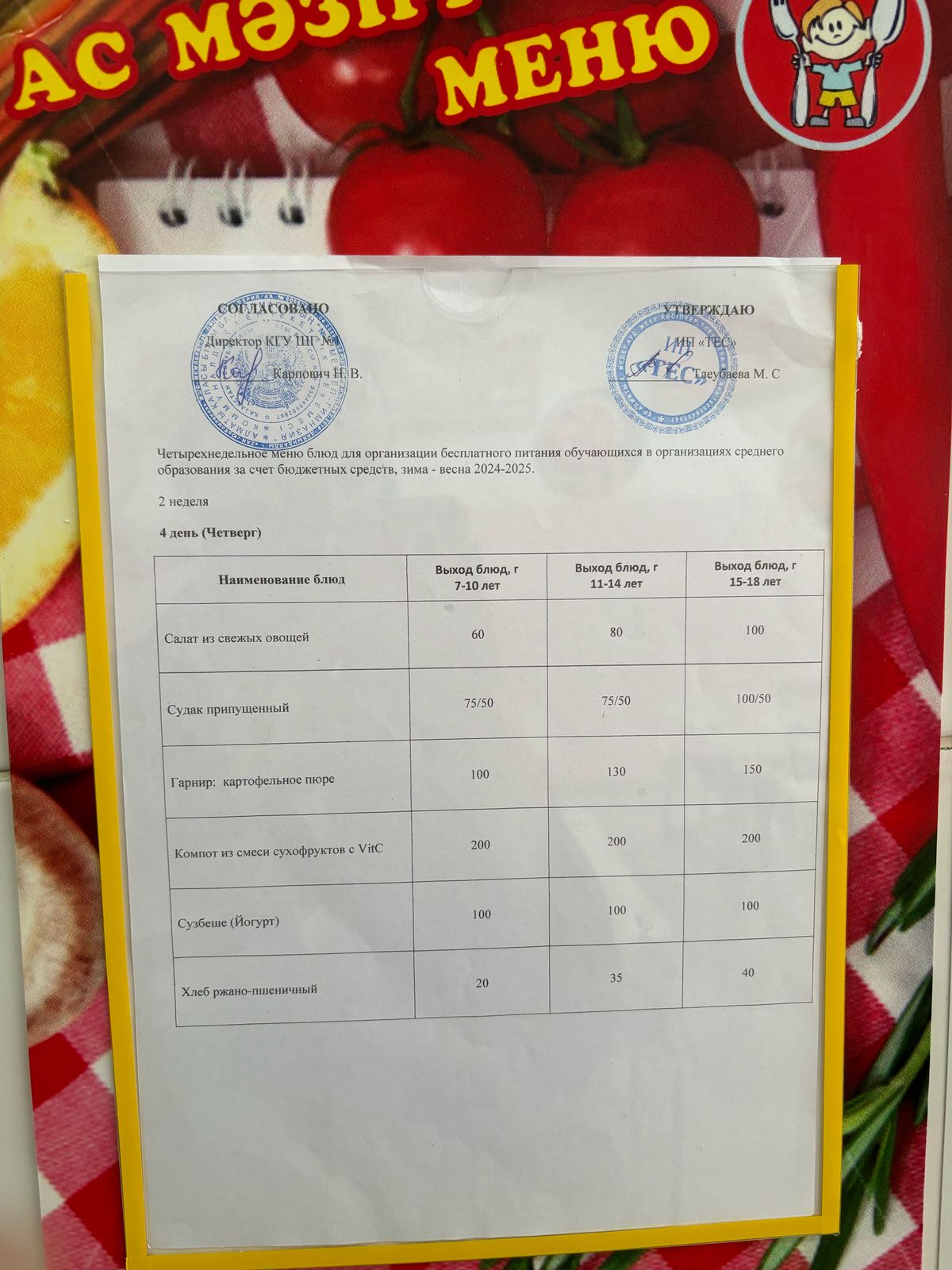 АС МӘЗІРІ 2 АПТА 4 КҮН/МЕНЮ 2 НЕДЕЛЯ 4 ДЕНЬ