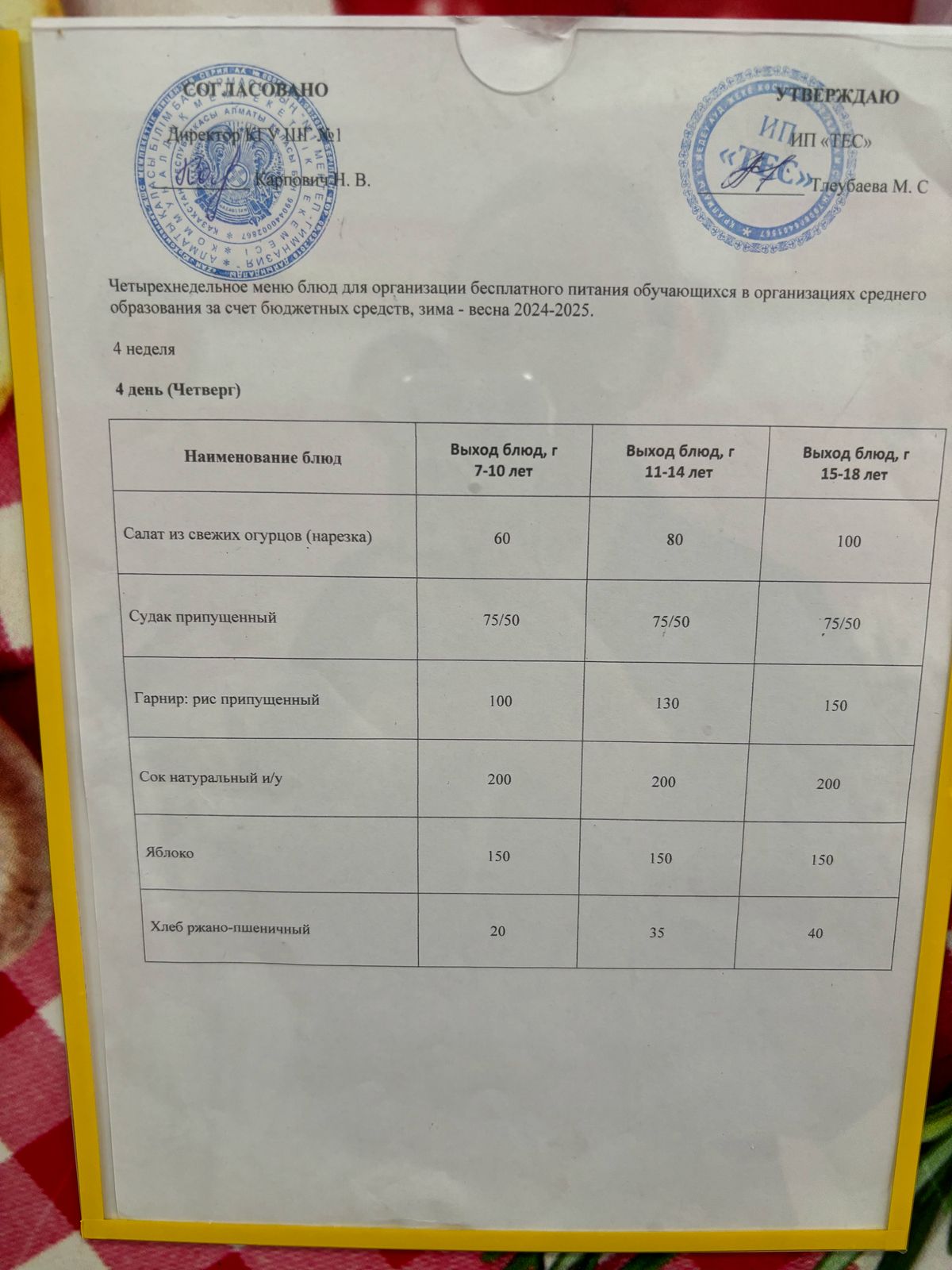 АС МӘЗІРІ 4 АПТА 4 КҮН/МЕНЮ 4 НЕДЕЛЯ 4 ДЕНЬ
