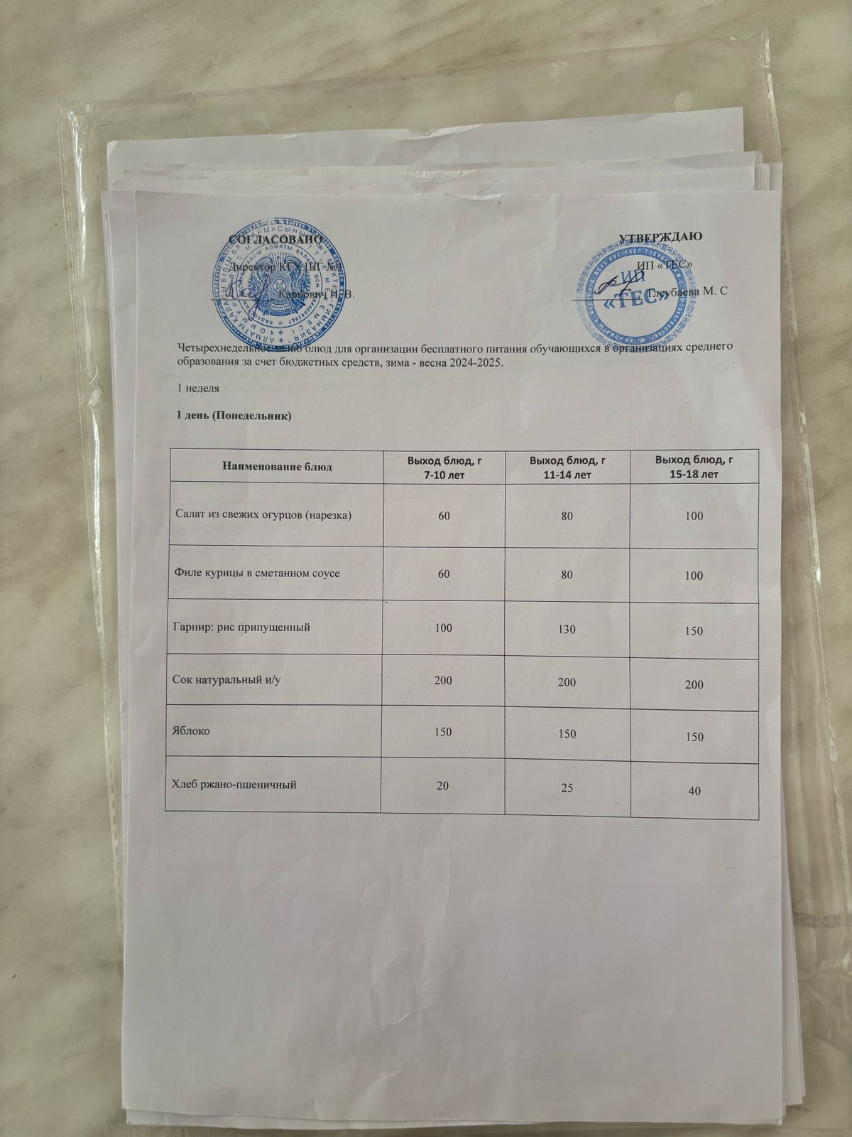 АС МӘЗІРІ 1 АПТА 1 КҮН/МЕНЮ 1 НЕДЕЛЯ 1 ДЕНЬ