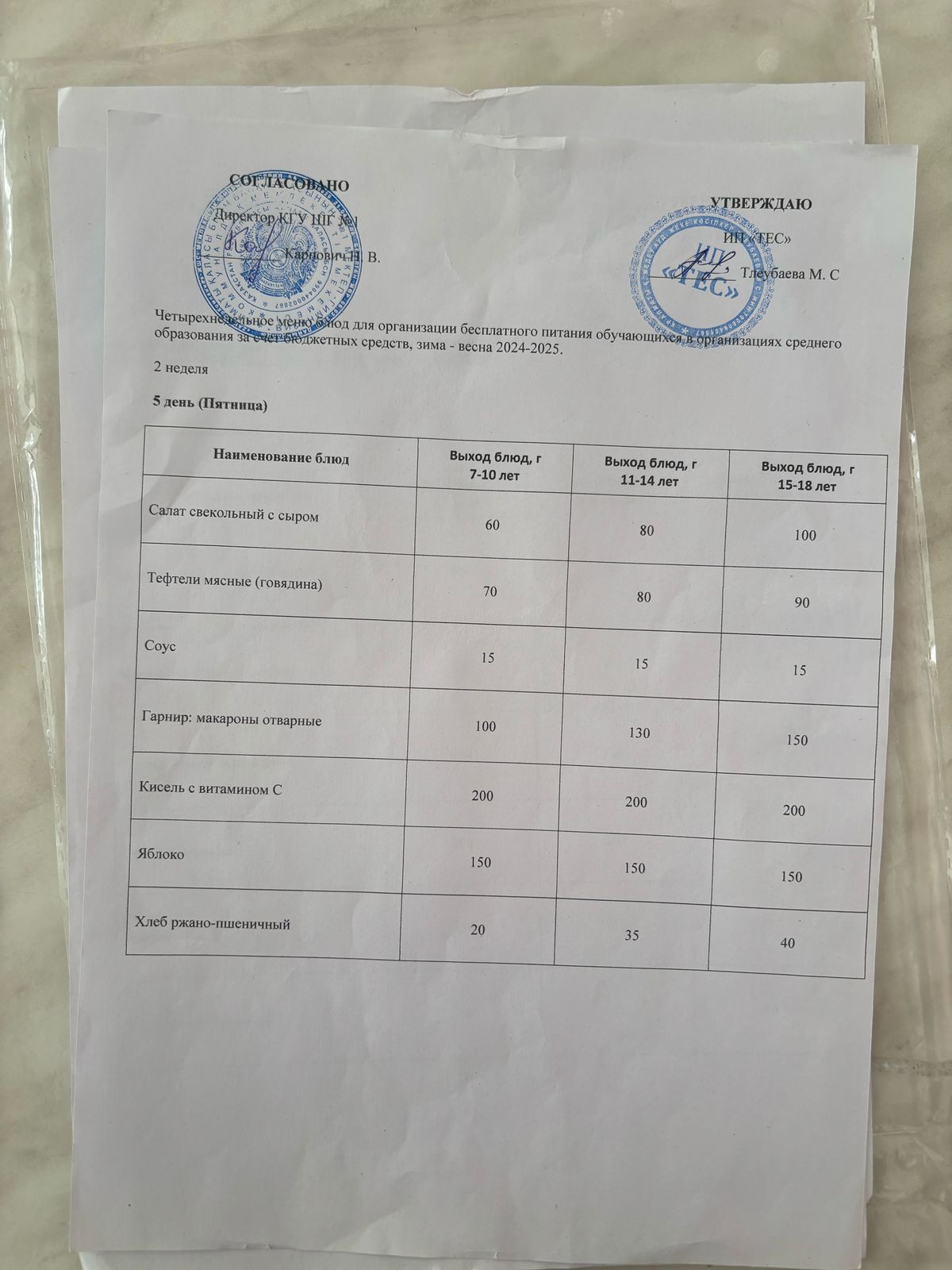 АС МӘЗІРІ 2 АПТА 5 КҮН/МЕНЮ 2 НЕДЕЛЯ 5 ДЕНЬ