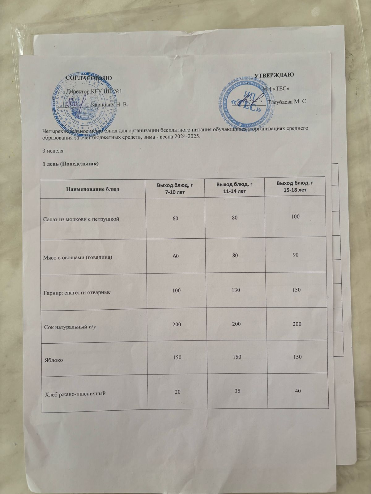 АС МӘЗІРІ 3 АПТА 1 КҮН/МЕНЮ 3 НЕДЕЛЯ 1 ДЕНЬ