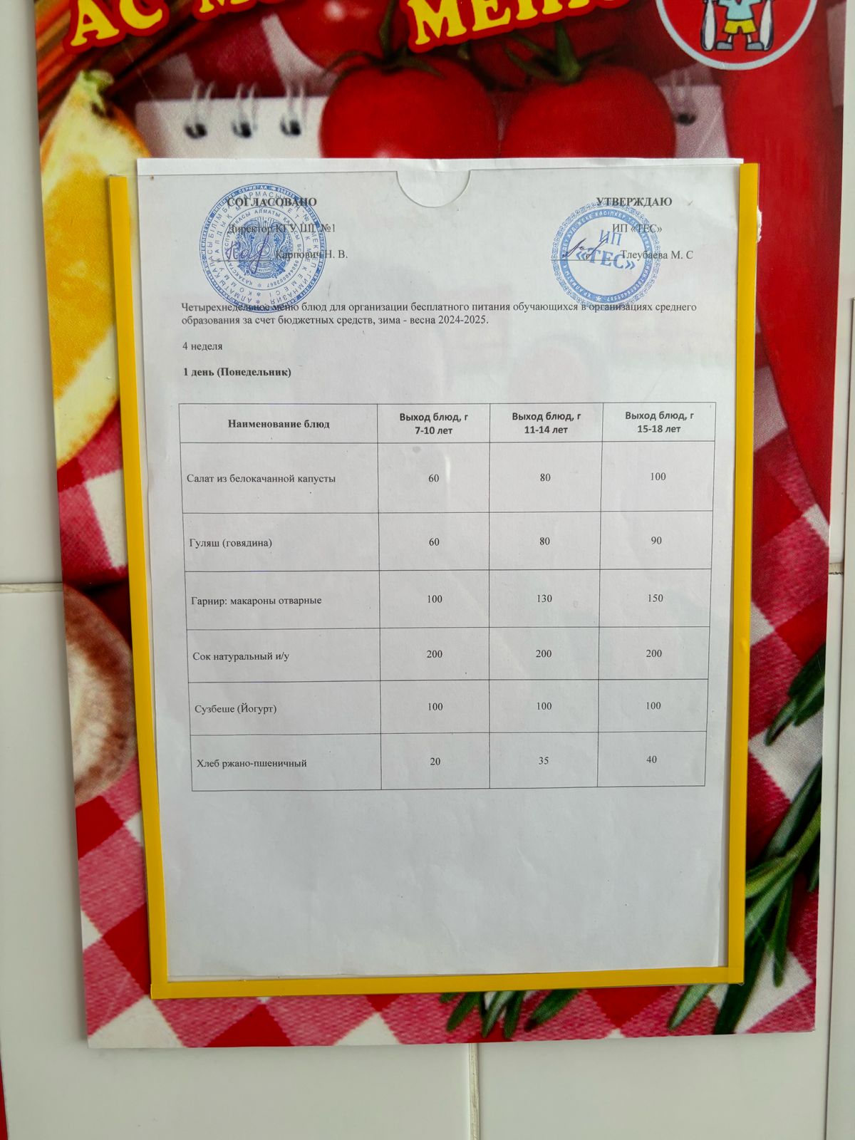 АС МӘЗІРІ 4 АПТА 1 КҮН/МЕНЮ 4 НЕДЕЛЯ 1 ДЕНЬ