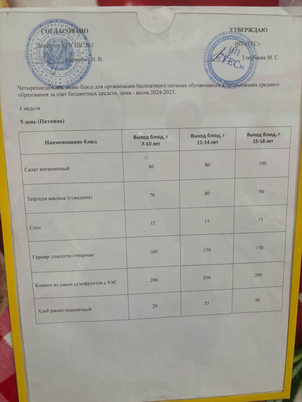 АС МӘЗІРІ 4 АПТА 5 КҮН/МЕНЮ 4 НЕДЕЛЯ 5 ДЕНЬ