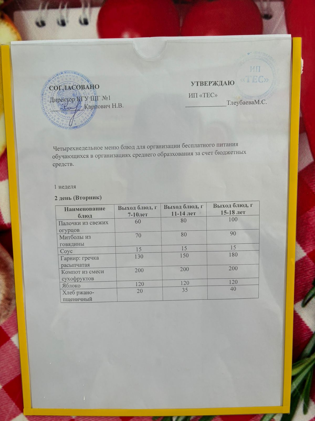 АС МӘЗІРІ 1 АПТА 2 КҮН/МЕНЮ 1 НЕДЕЛЯ 2 ДЕНЬ