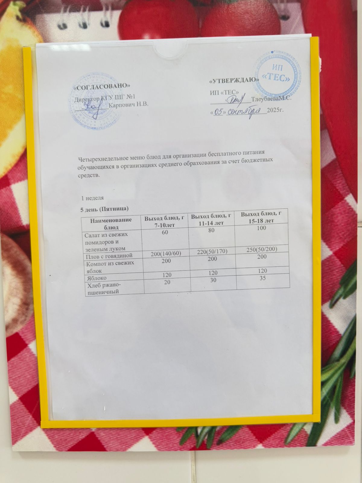 АС МӘЗІРІ 1 АПТА 5 КҮН/МЕНЮ 1 НЕДЕЛЯ 5 ДЕНЬ