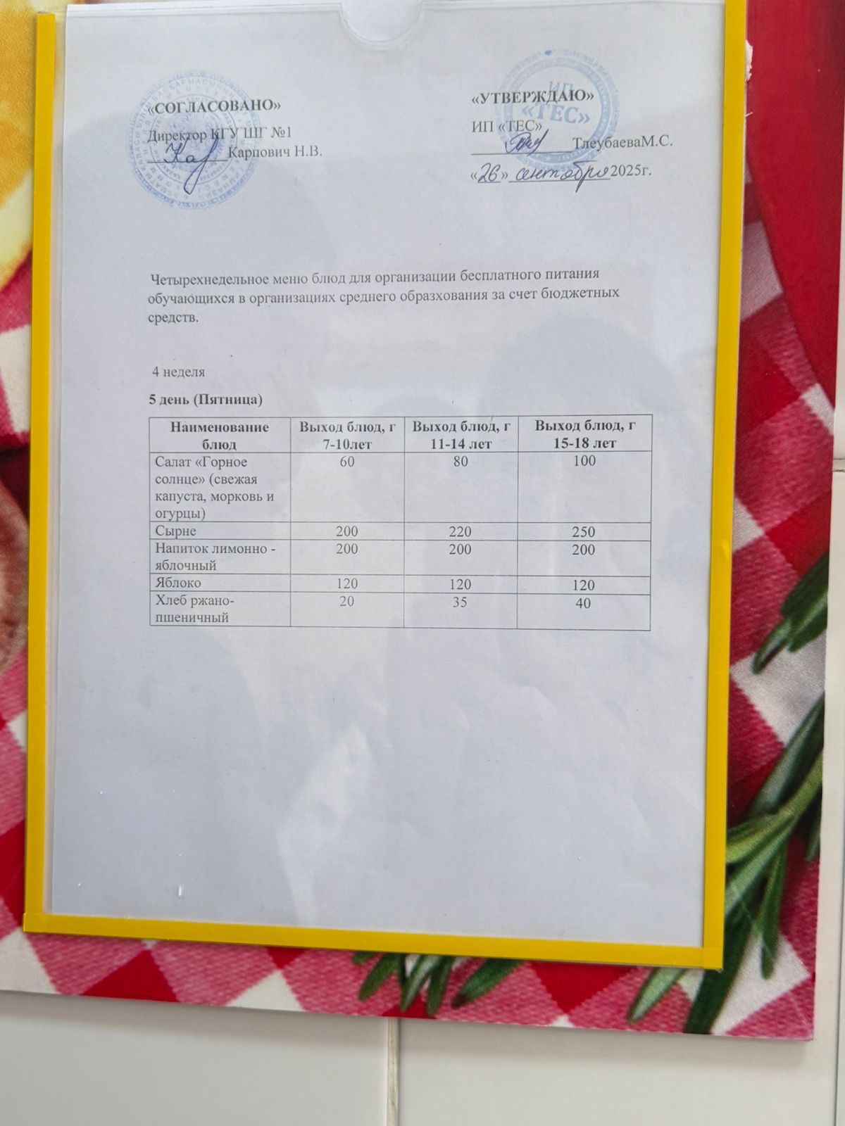 МЕНЮ 4 НЕДЕЛЯ 5 ДЕНЬ/МӘЗІР 4 АПТА 5 КҮН