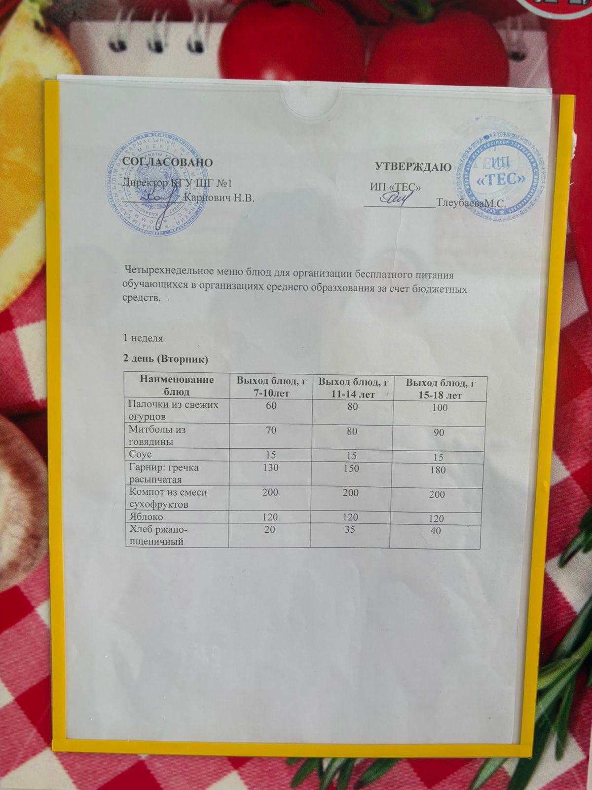 МЕНЮ 1 НЕДЕЛЯ 2 ДЕНЬ/МӘЗІР 1 АПТА 2 КҮН