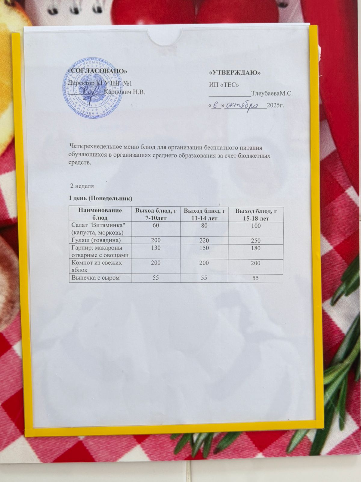 МЕНЮ 2 НЕДЕЛЯ 1 ДЕНЬ/МӘЗІР 2 АПТА 1 КҮН