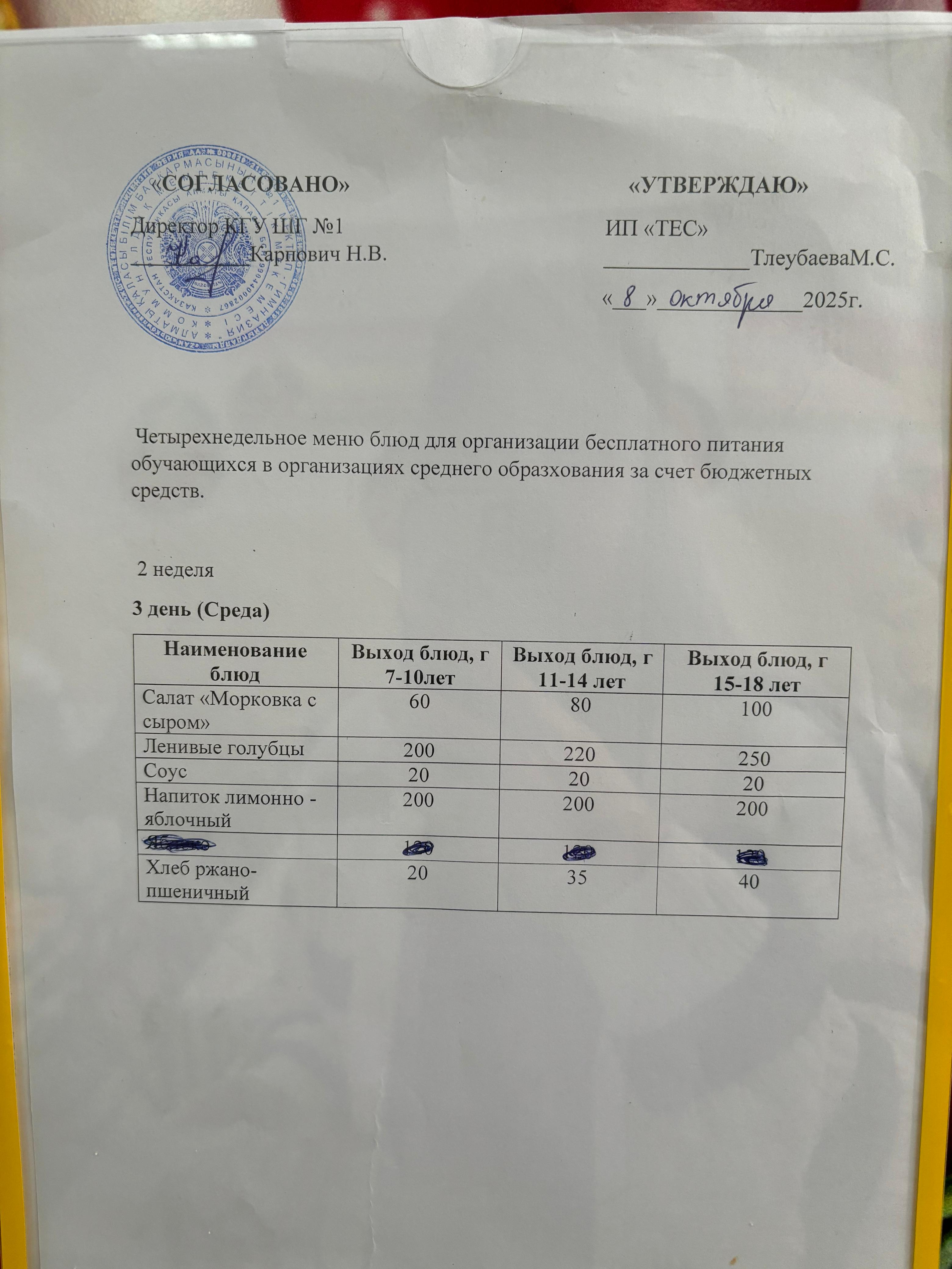 МЕНЮ 2 НЕДЕЛЯ 3 ДЕНЬ/МӘЗІР 2 АПТА 3 КҮН