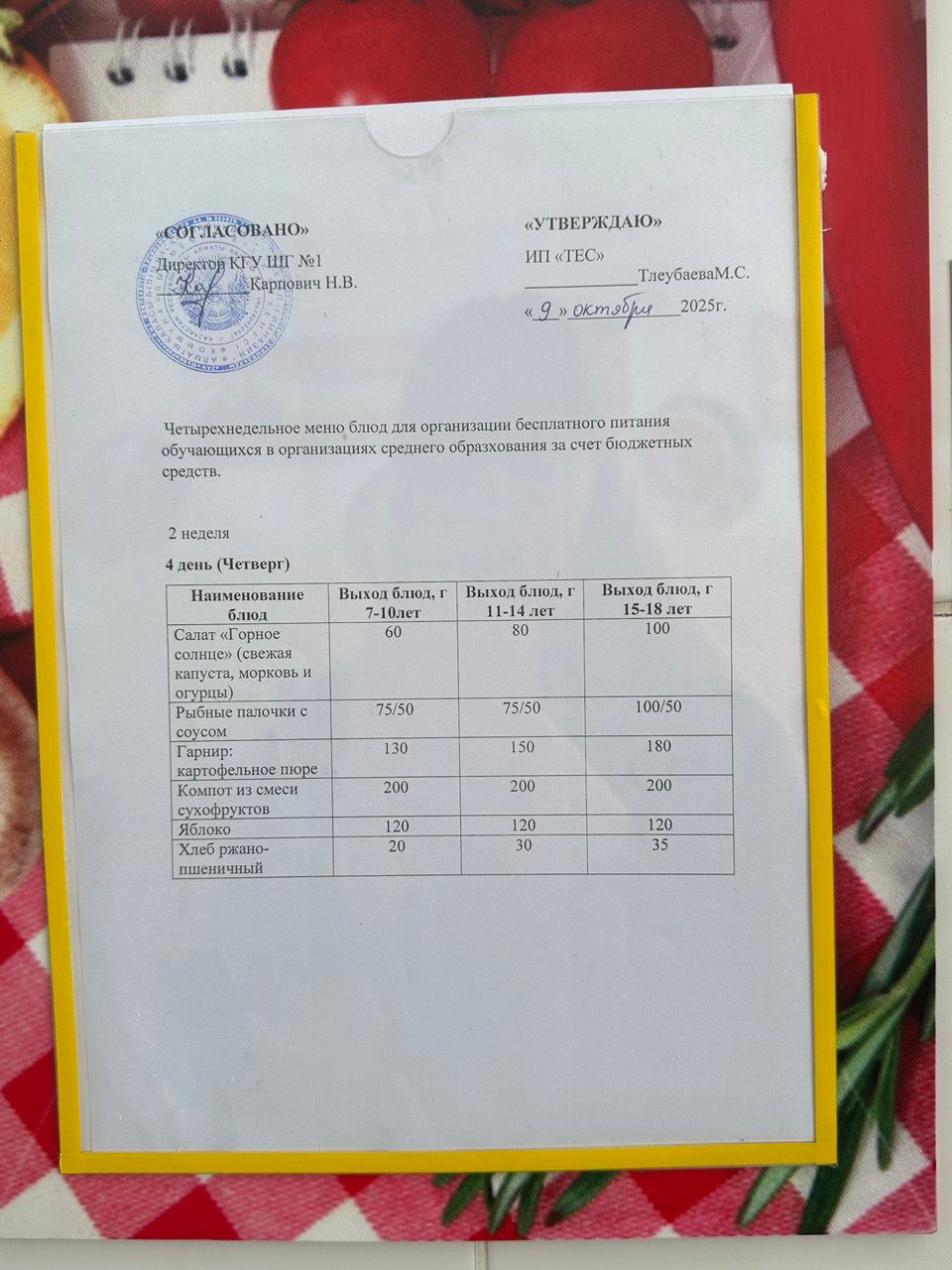 МЕНЮ 2 НЕДЕЛЯ 4 ДЕНЬ/МӘЗІР 2 АПТА 4 КҮН