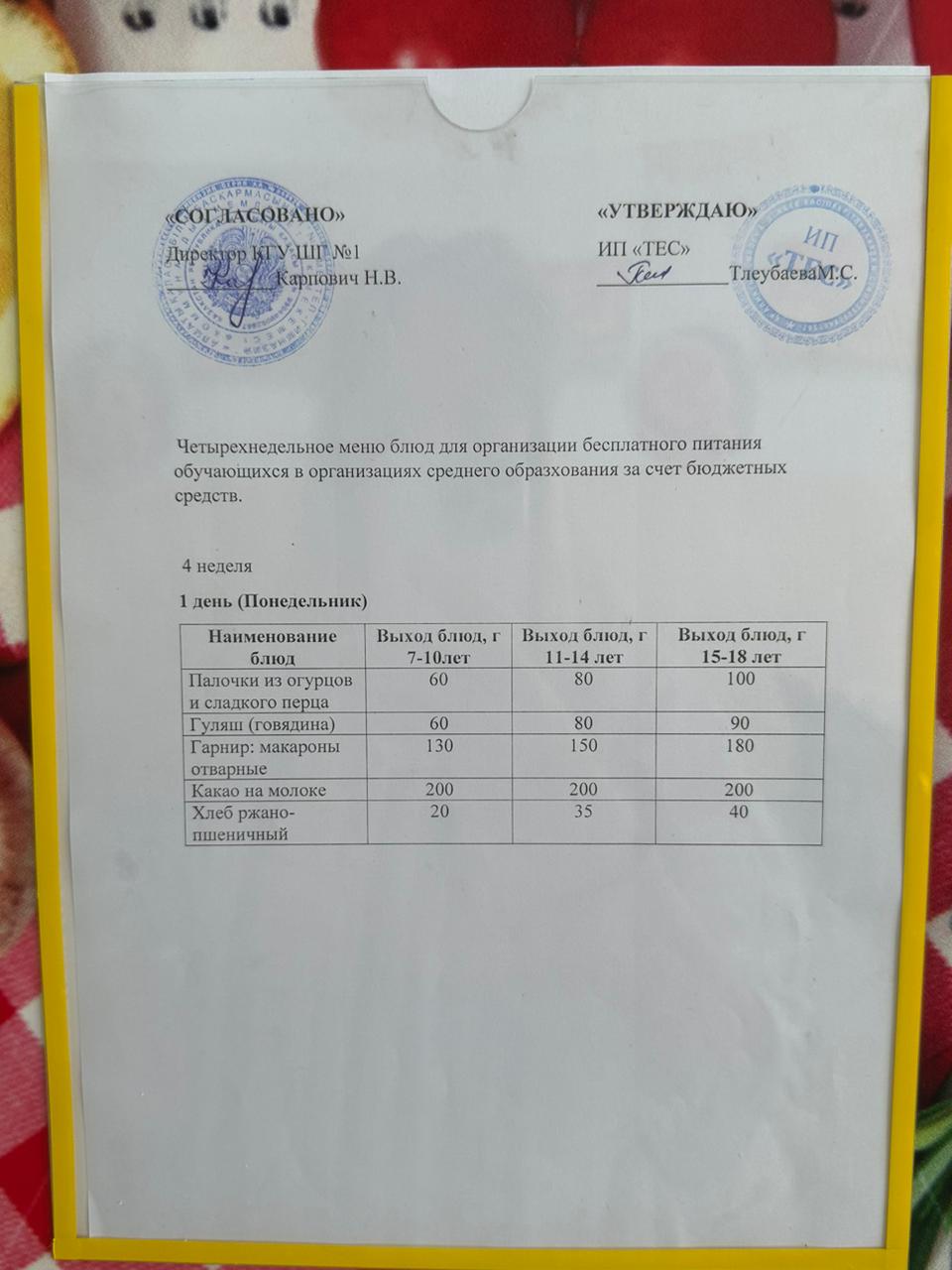 МЕНЮ 4 НЕДЕЛЯ 1 ДЕНЬ/МӘЗІР 4 АПТА 1 КҮН