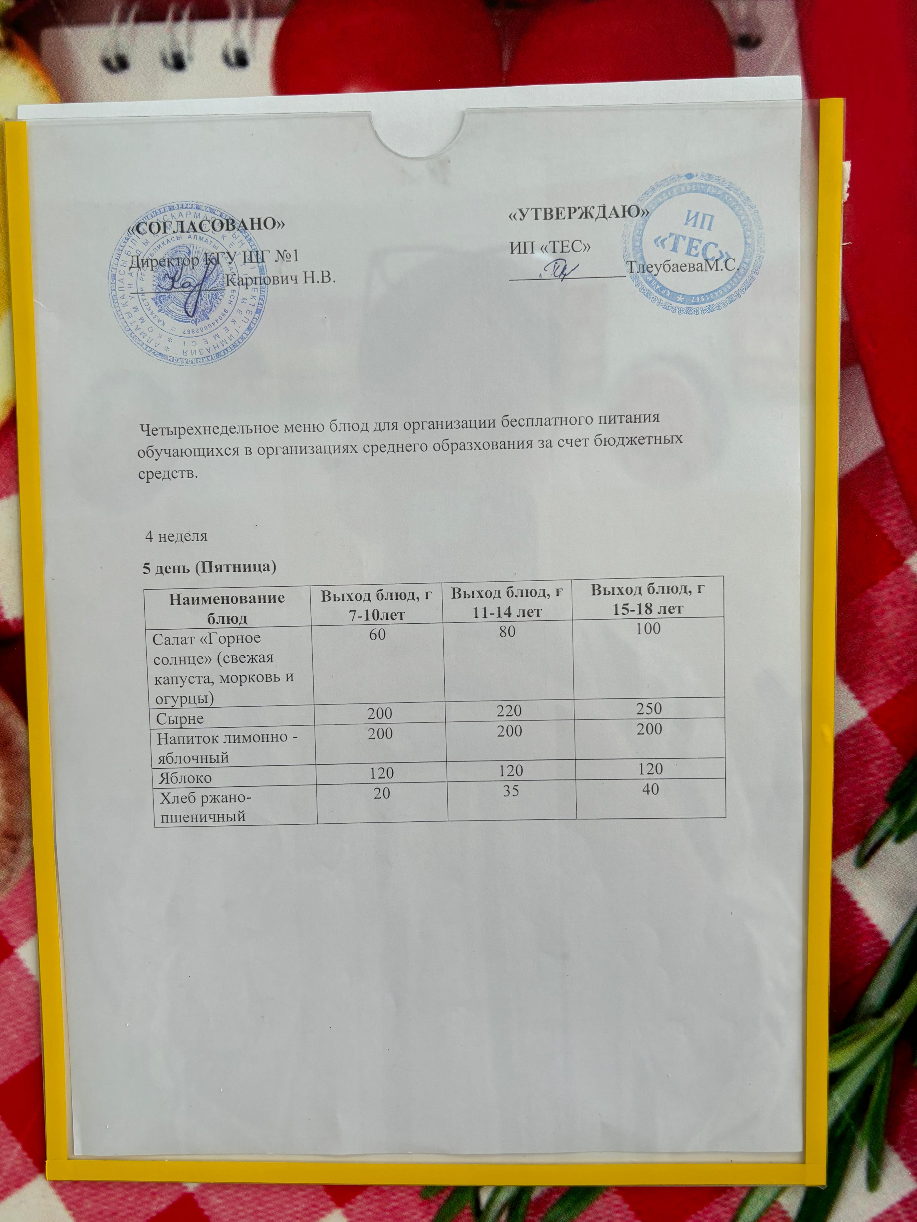 МЕНЮ 4 НЕДЕЛЯ 5 ДЕНЬ/МӘЗІР 4 АПТА 5 КҮН