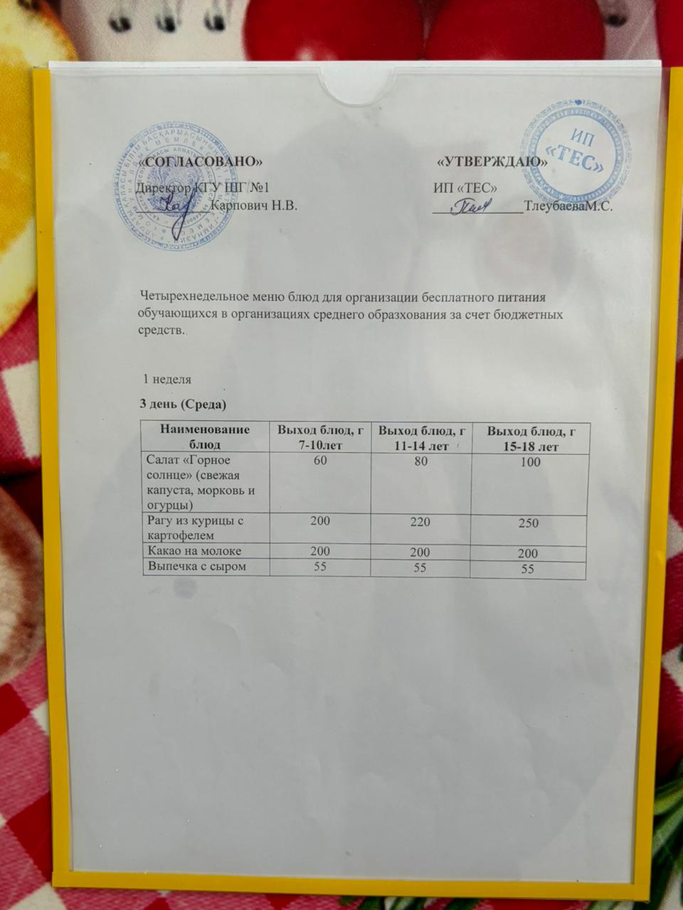 МЕНЮ 1 НЕДЕЛЯ 3 ДЕНЬ/МӘЗІР 1 АПТА 3 КҮН