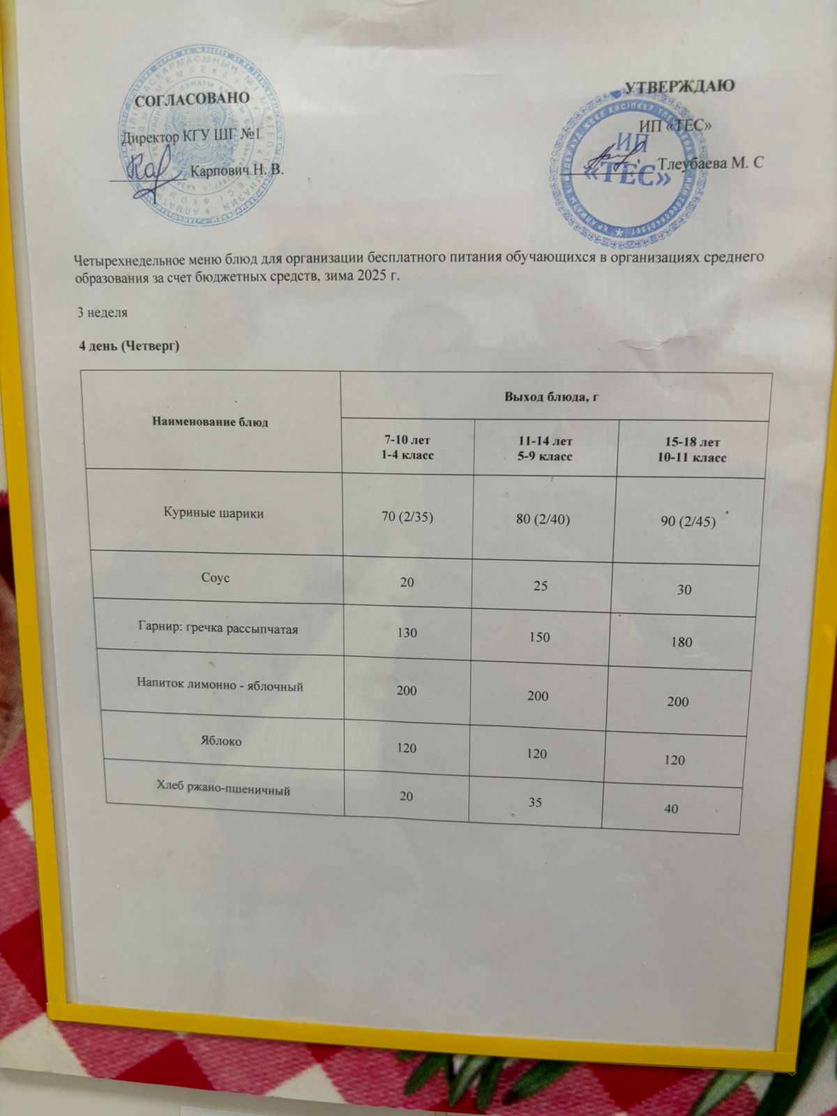 МЕНЮ 3 НЕДЕЛЯ 4 ДЕНЬ/МӘЗІР 3 АПТА 4 КҮН