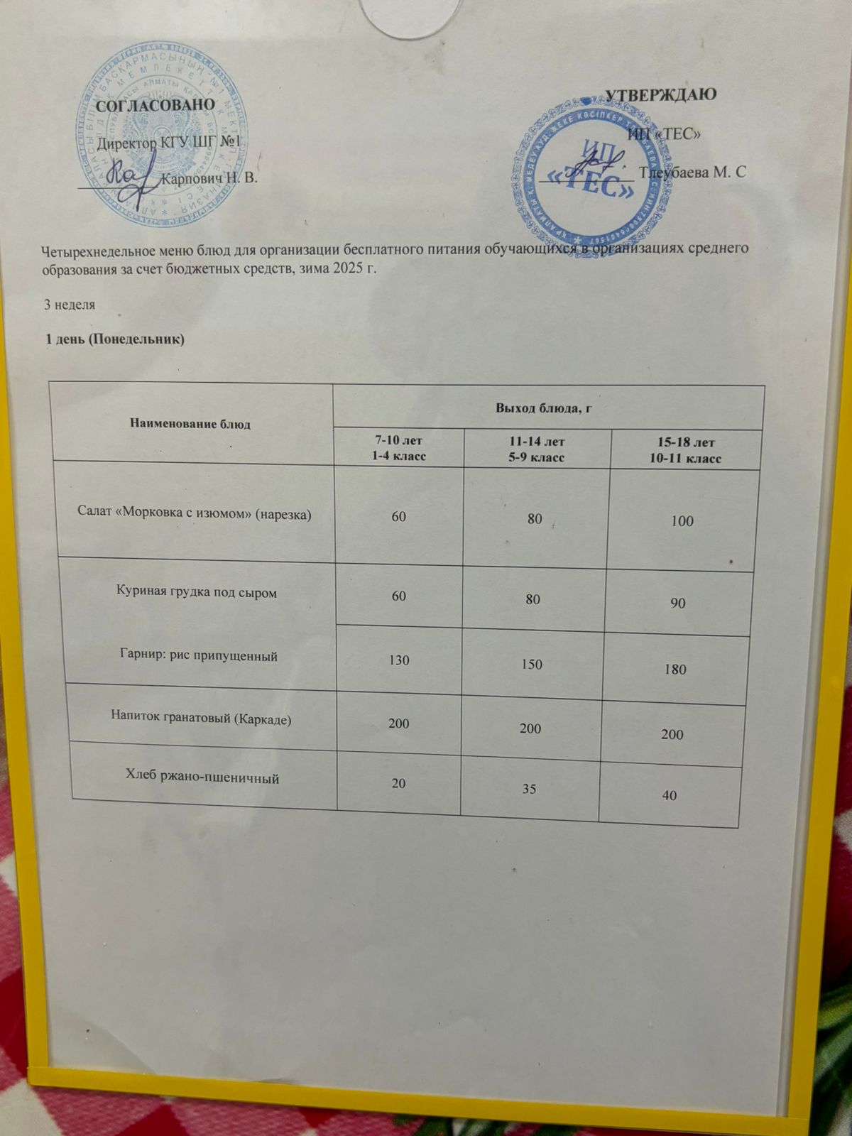 МЕНЮ 3 НЕДЕЛЯ 1 ДЕНЬ/МӘЗІР 3 АПТА 1 КҮН