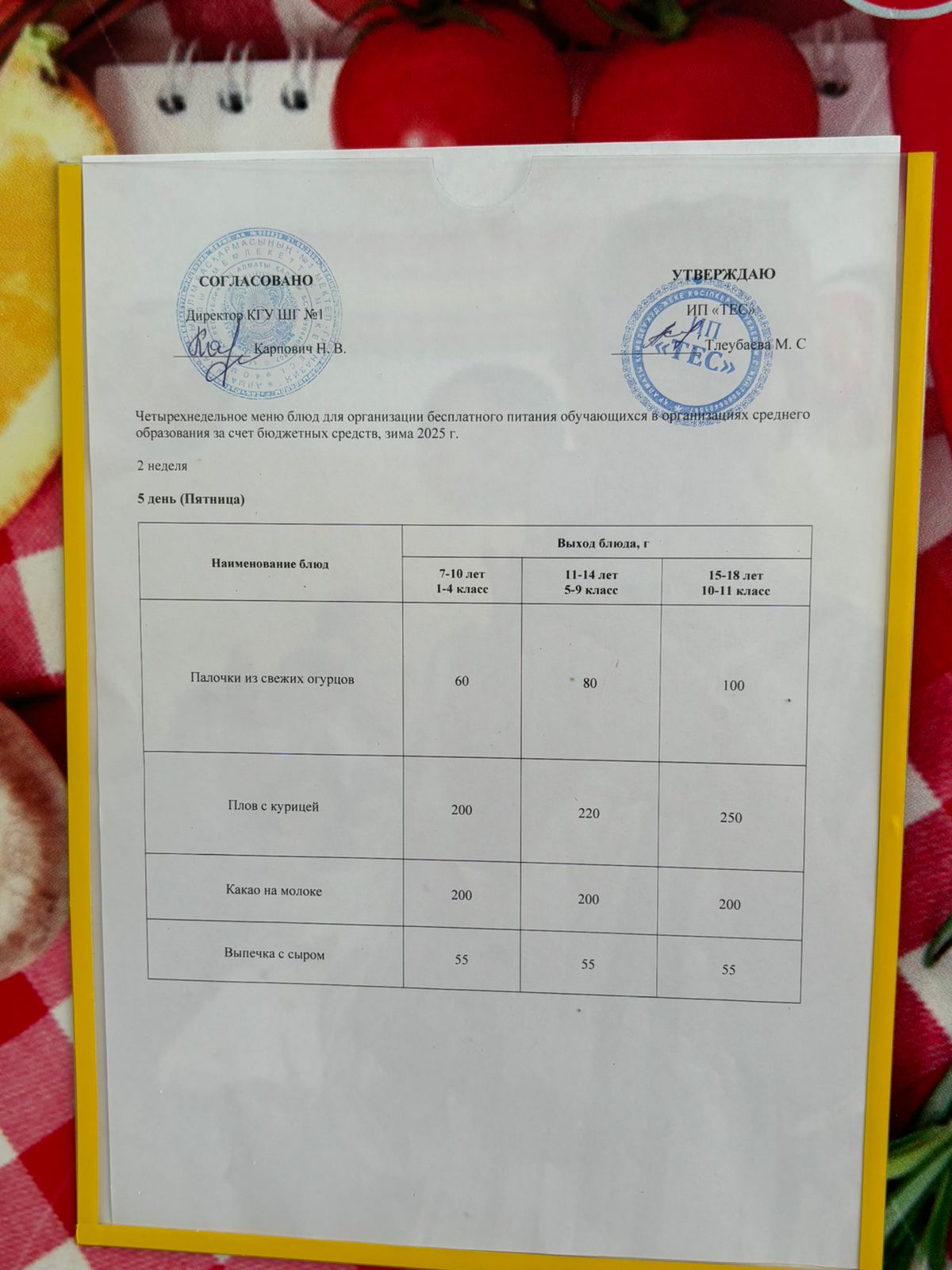 МЕНЮ 2 НЕДЕЛЯ 5 ДЕНЬ/МӘЗІР 2 АПТА 5 КҮН