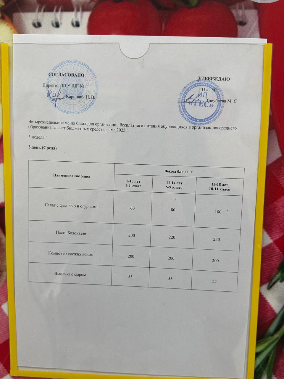 МЕНЮ 3 НЕДЕЛЯ 3 ДЕНЬ/МӘЗІР 3 АПТА 3 КҮН