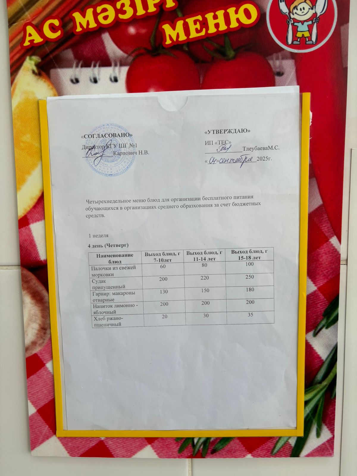МЕНЮ 1 НЕДЕЛЯ 4 ДЕНЬ/МӘЗІР 1 АПТА 4 КҮН