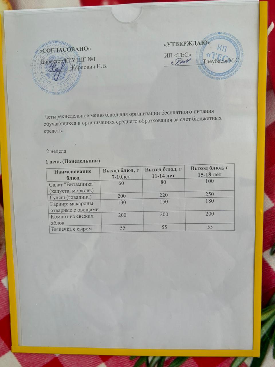 МЕНЮ 2 НЕДЕЛЯ 1 ДЕНЬ/МӘЗІР 2 АПТА 1 КҮН