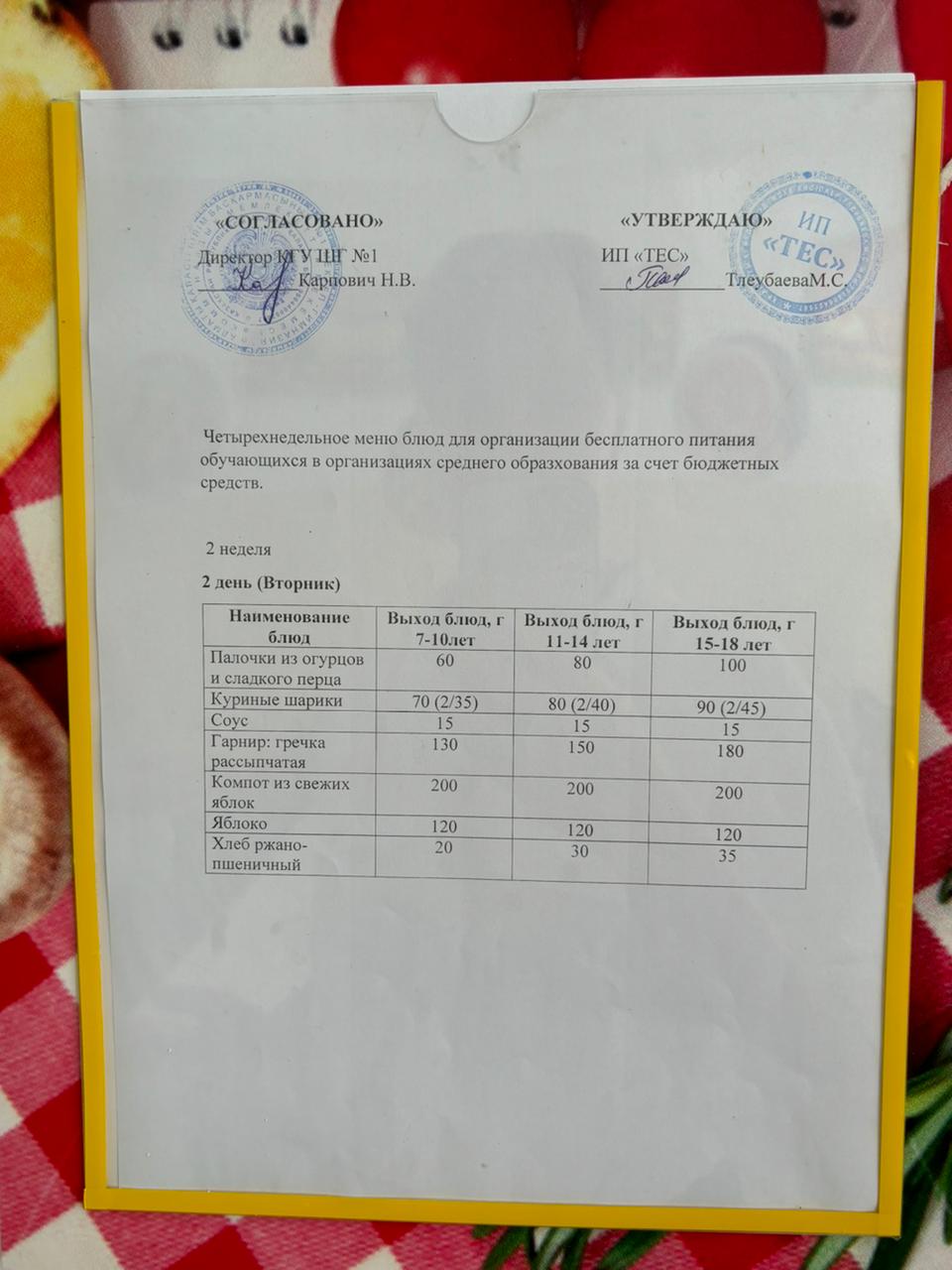 МЕНЮ 2 НЕДЕЛЯ 2 ДЕНЬ/МӘЗІР 2 АПТА 2 КҮН