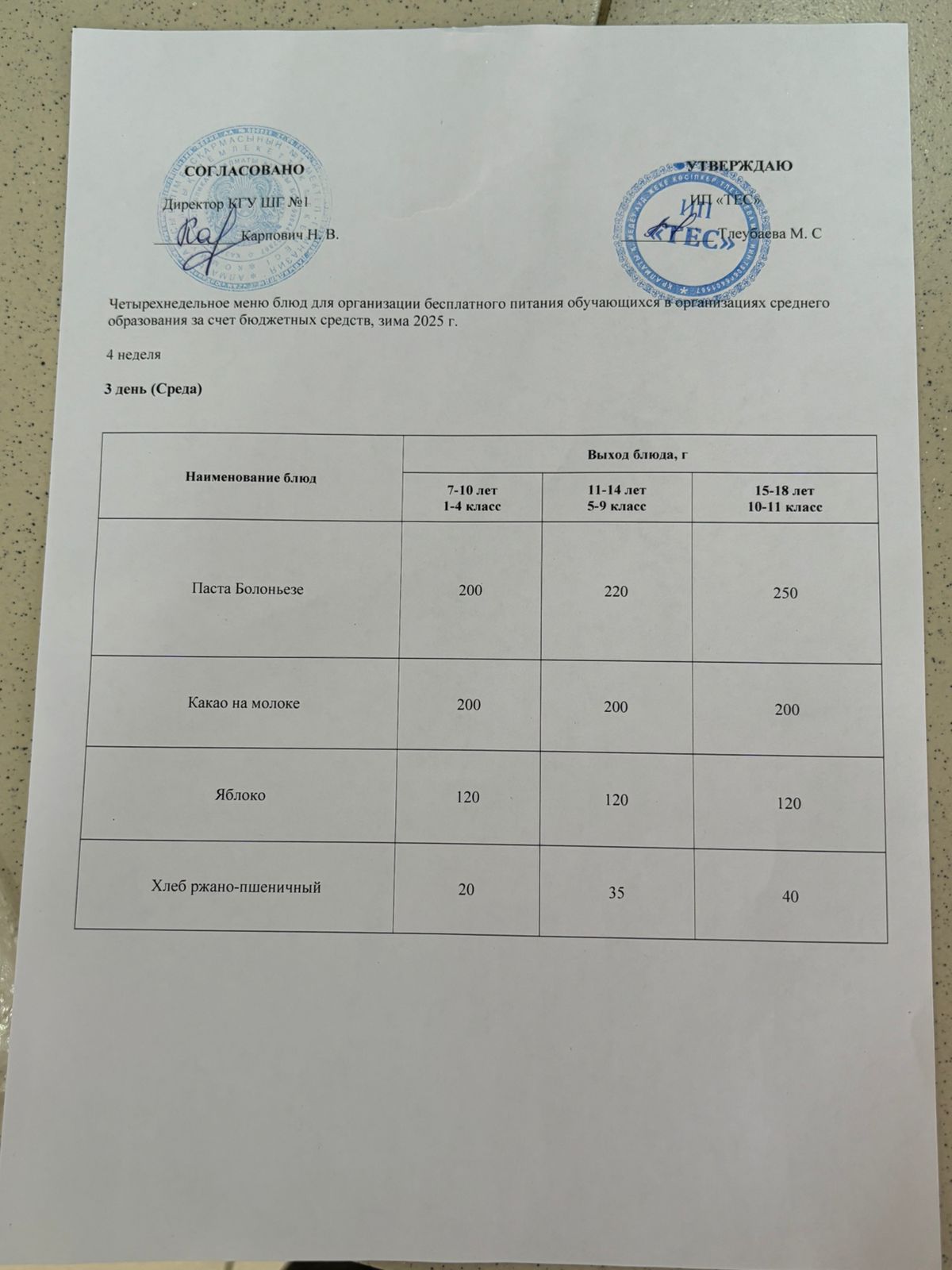 МЕНЮ 4 НЕДЕЛЯ 3 ДЕНЬ/МӘЗІР 4 АПТА 3 КҮН