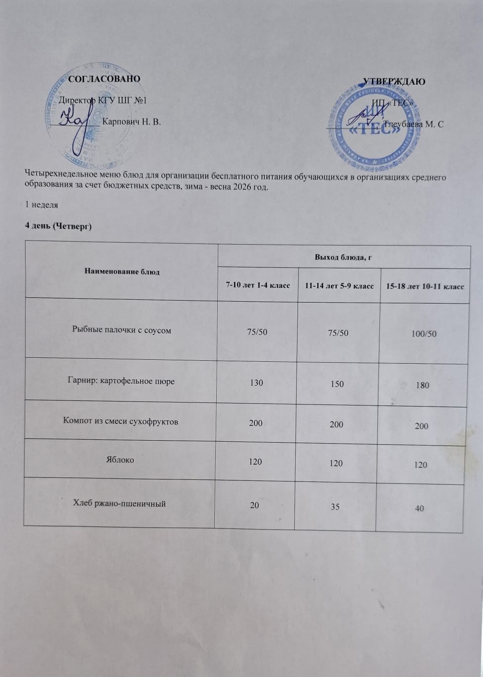 АС МӘЗІРІ 1 АПТА 4 КҮН / МЕНЮ 1 НЕДЕЛЯ 4 ДЕНЬ
