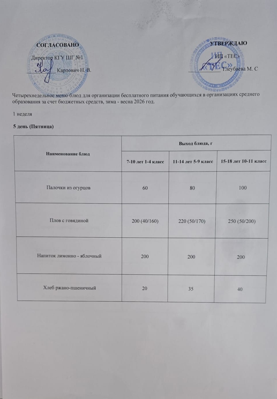 АС МӘЗІРІ 1 АПТА 5 КҮН / МЕНЮ 1 НЕДЕЛЯ 5 ДЕНЬ