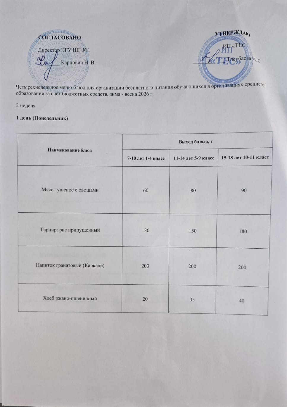 АС МӘЗІРІ 2 АПТА 1 КҮН / МЕНЮ 2 НЕДЕЛЯ 1 ДЕНЬ