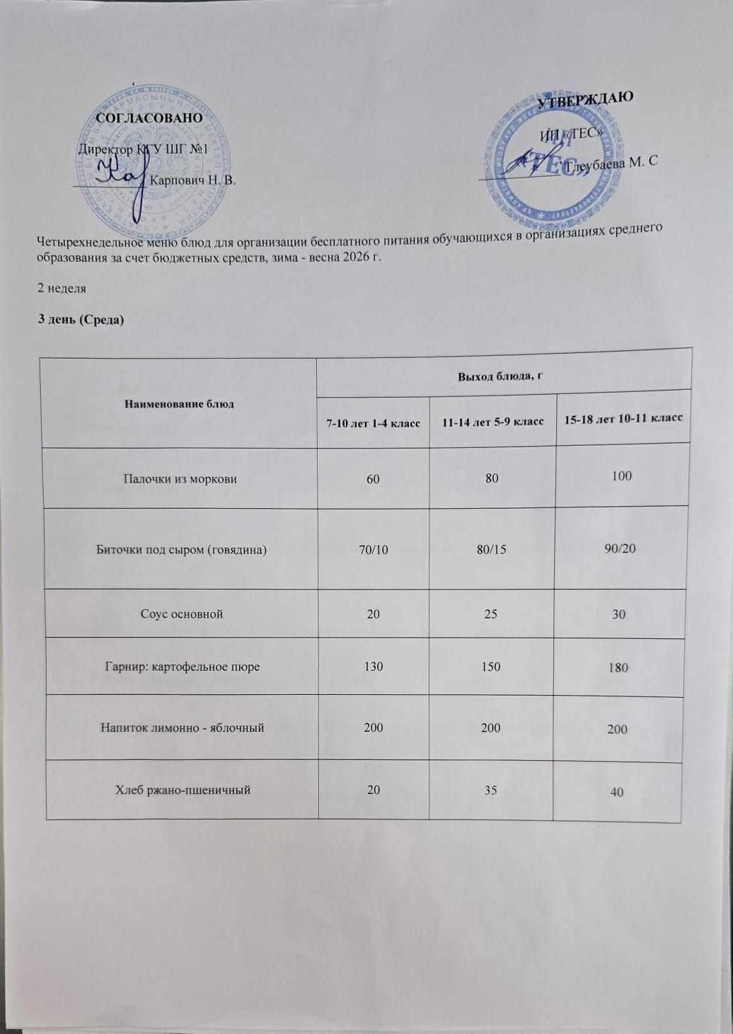 АС МӘЗІРІ 2 АПТА 3 КҮН / МЕНЮ 2 НЕДЕЛЯ 3 ДЕНЬ