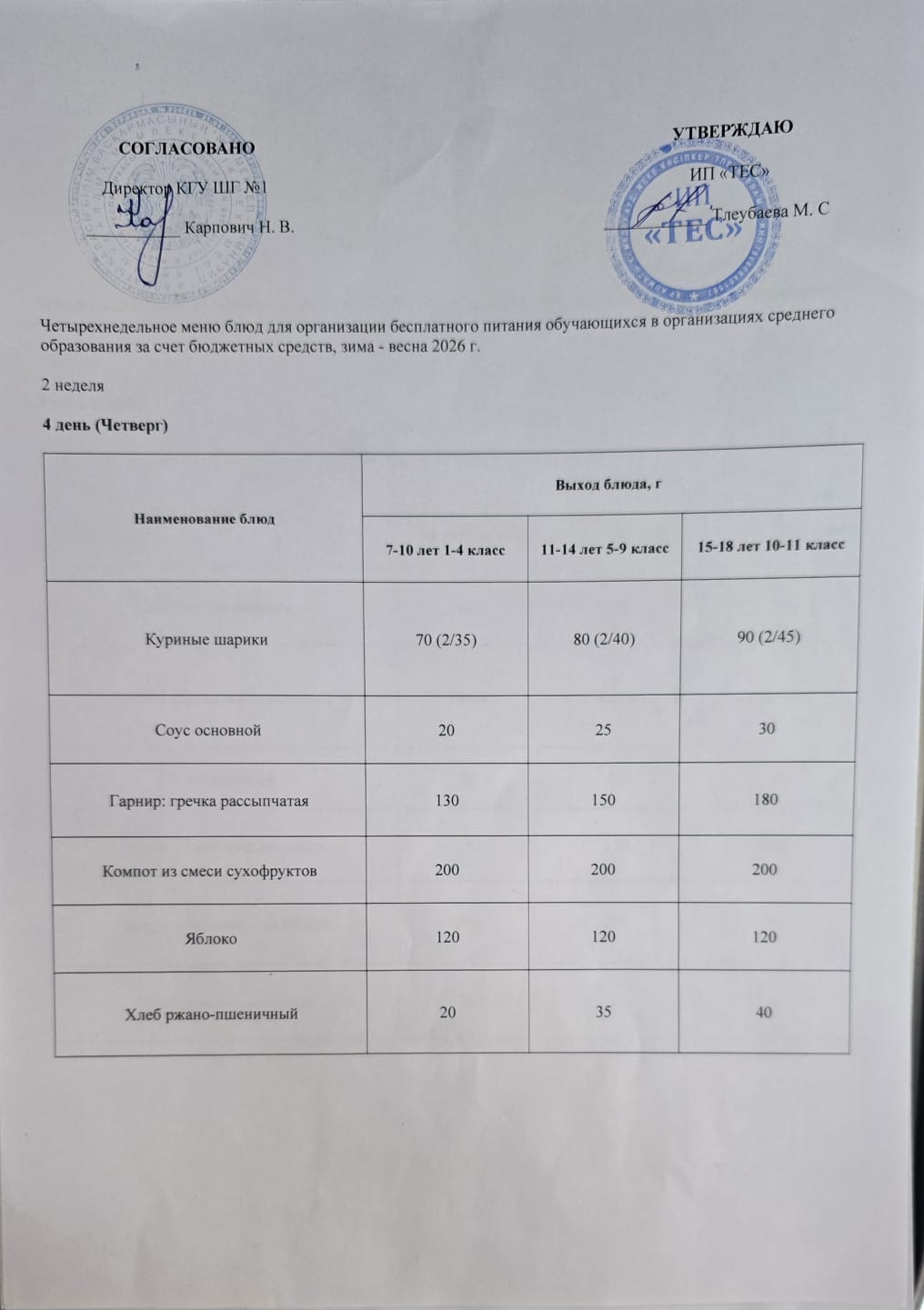 АС МӘЗІРІ 2 АПТА 4 КҮН / МЕНЮ 2 НЕДЕЛЯ 4 ДЕНЬ