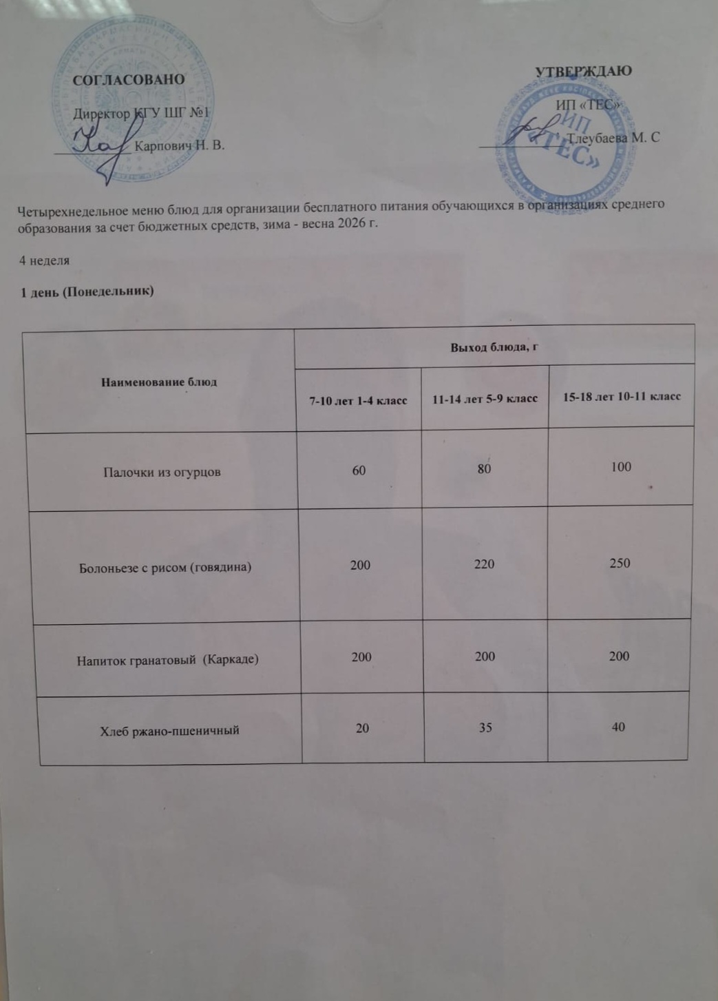 АС МӘЗІРІ 4 АПТА 1 КҮН / МЕНЮ 4 НЕДЕЛЯ 1 ДЕНЬ