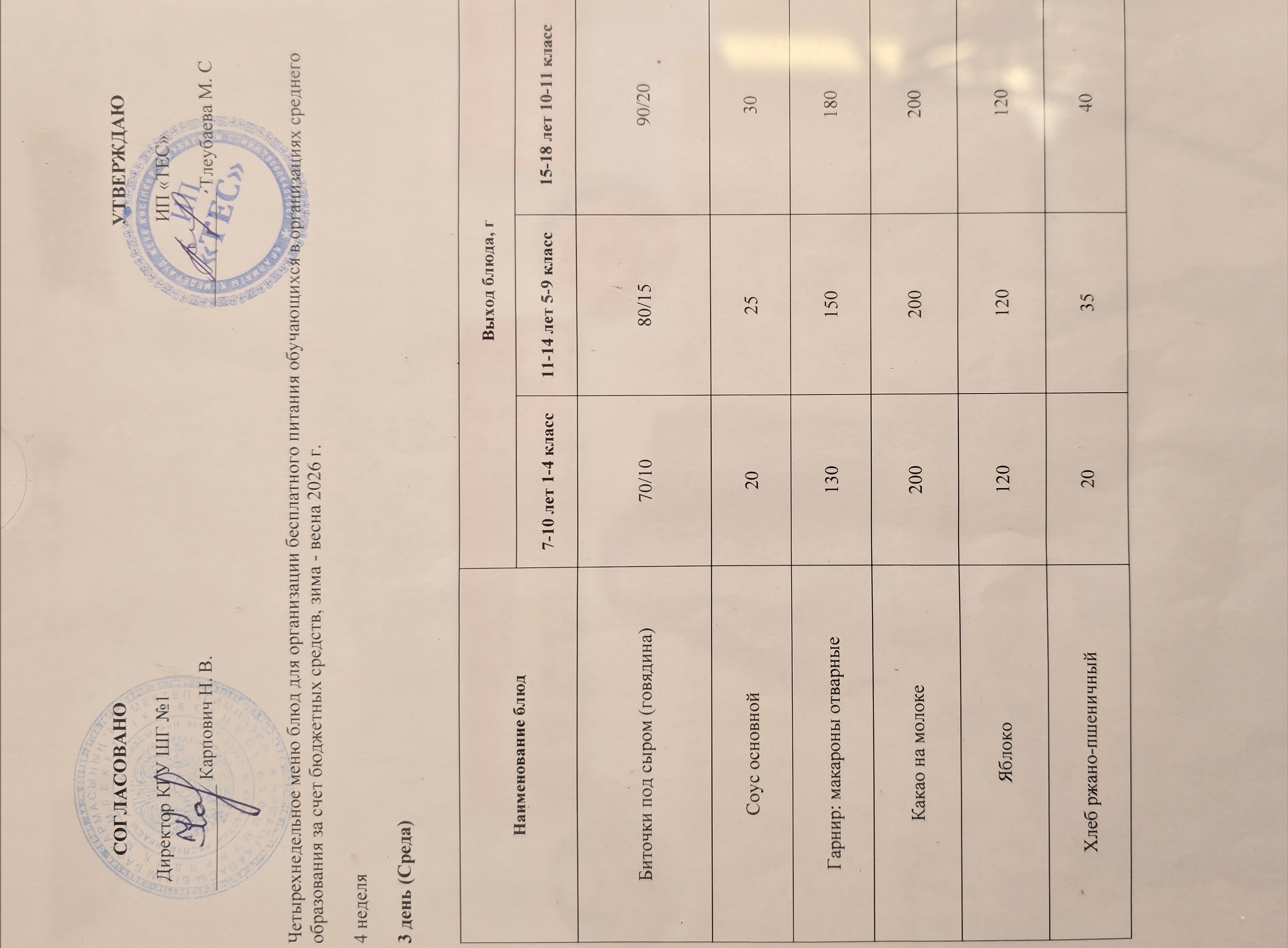 АС МӘЗІРІ 4 АПТА 3 КҮН / МЕНЮ 4 НЕДЕЛЯ 3 ДЕНЬ