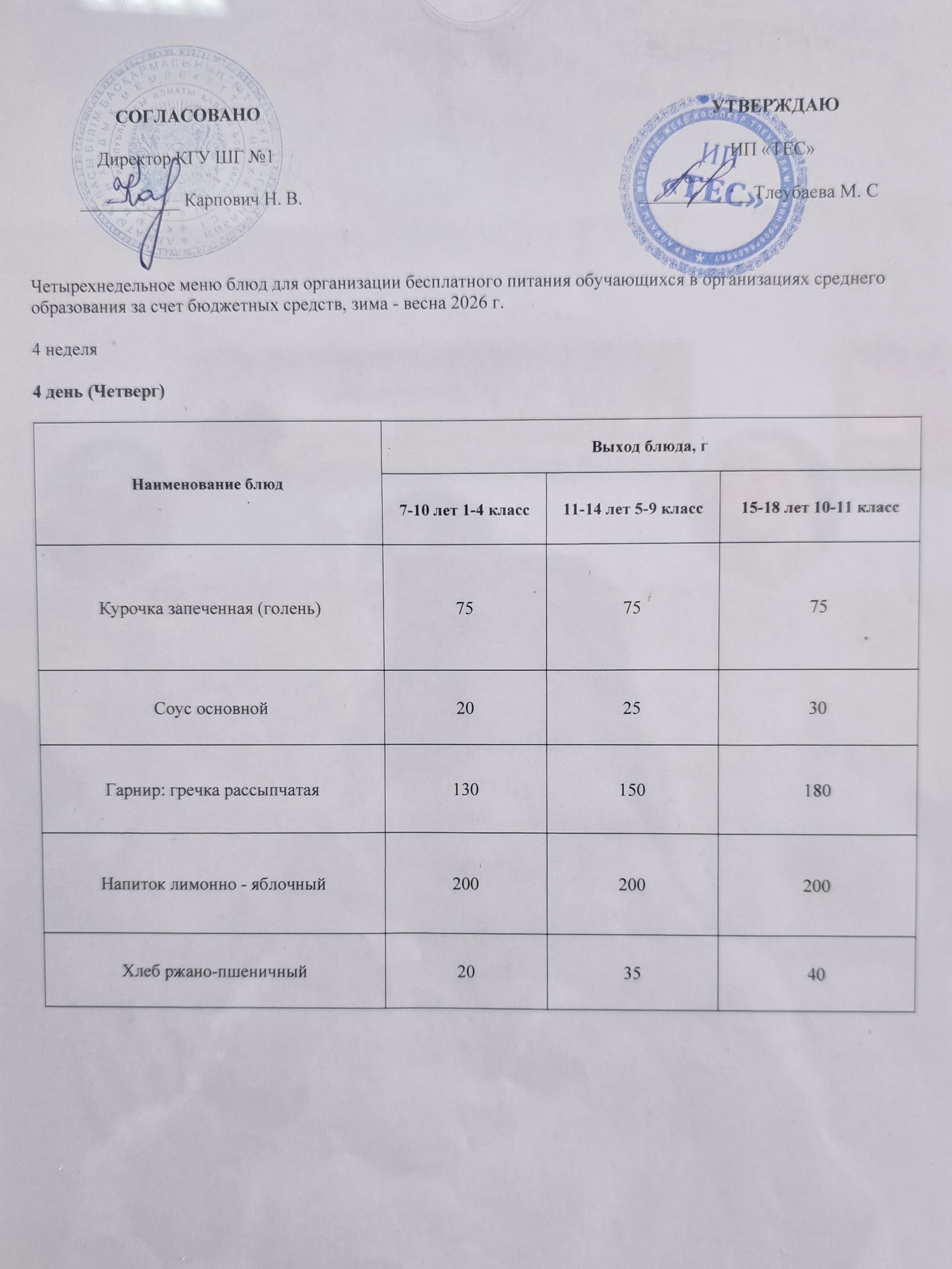 АС МӘЗІРІ 4 АПТА 4 КҮН / МЕНЮ 4 НЕДЕЛЯ 4 ДЕНЬ