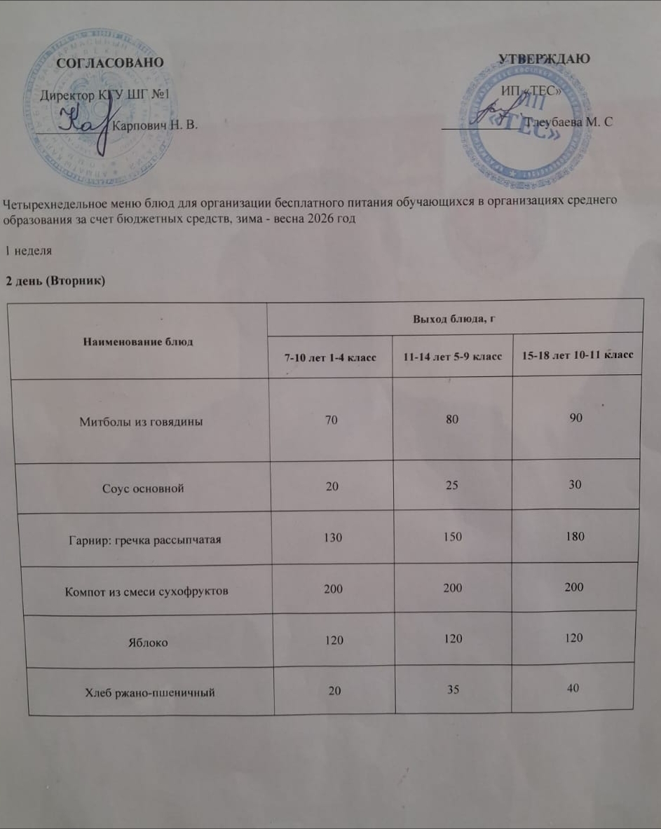 АС МӘЗІРІ 1 АПТА 2 КҮН / МЕНЮ 1 НЕДЕЛЯ 2 ДЕНЬ