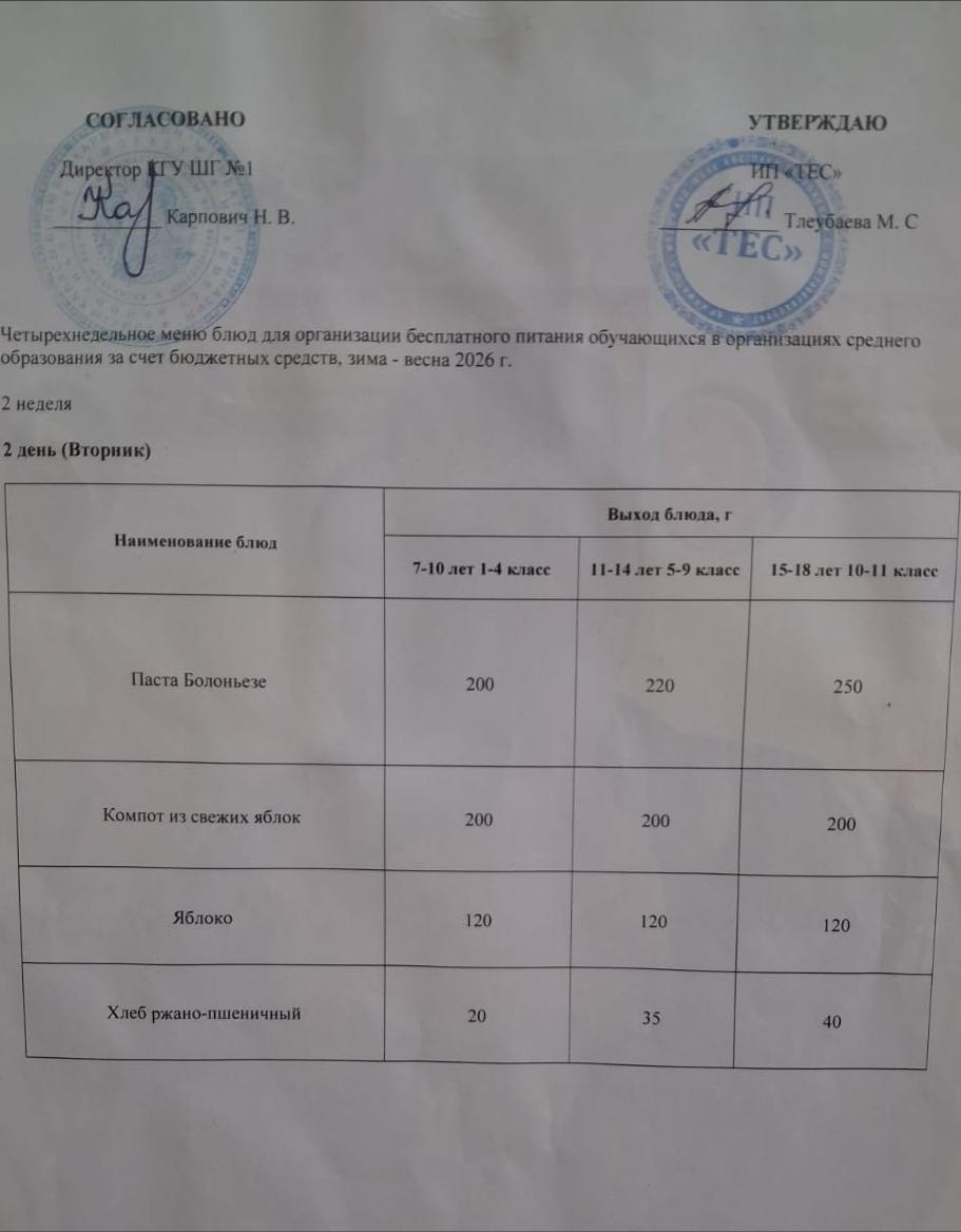 АС МӘЗІРІ 2 АПТА 2 КҮН / МЕНЮ 2 НЕДЕЛЯ 2 ДЕНЬ